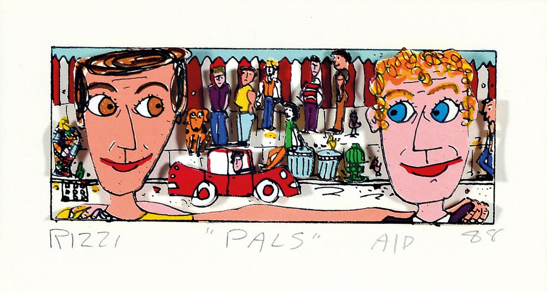 James Rizzi, 1950-2011, "Pals", 3D-Konstruktion, handsign., dat.A/P, dat. 88, unter Glas gerahmt, ca. 28,5x33,5 cm