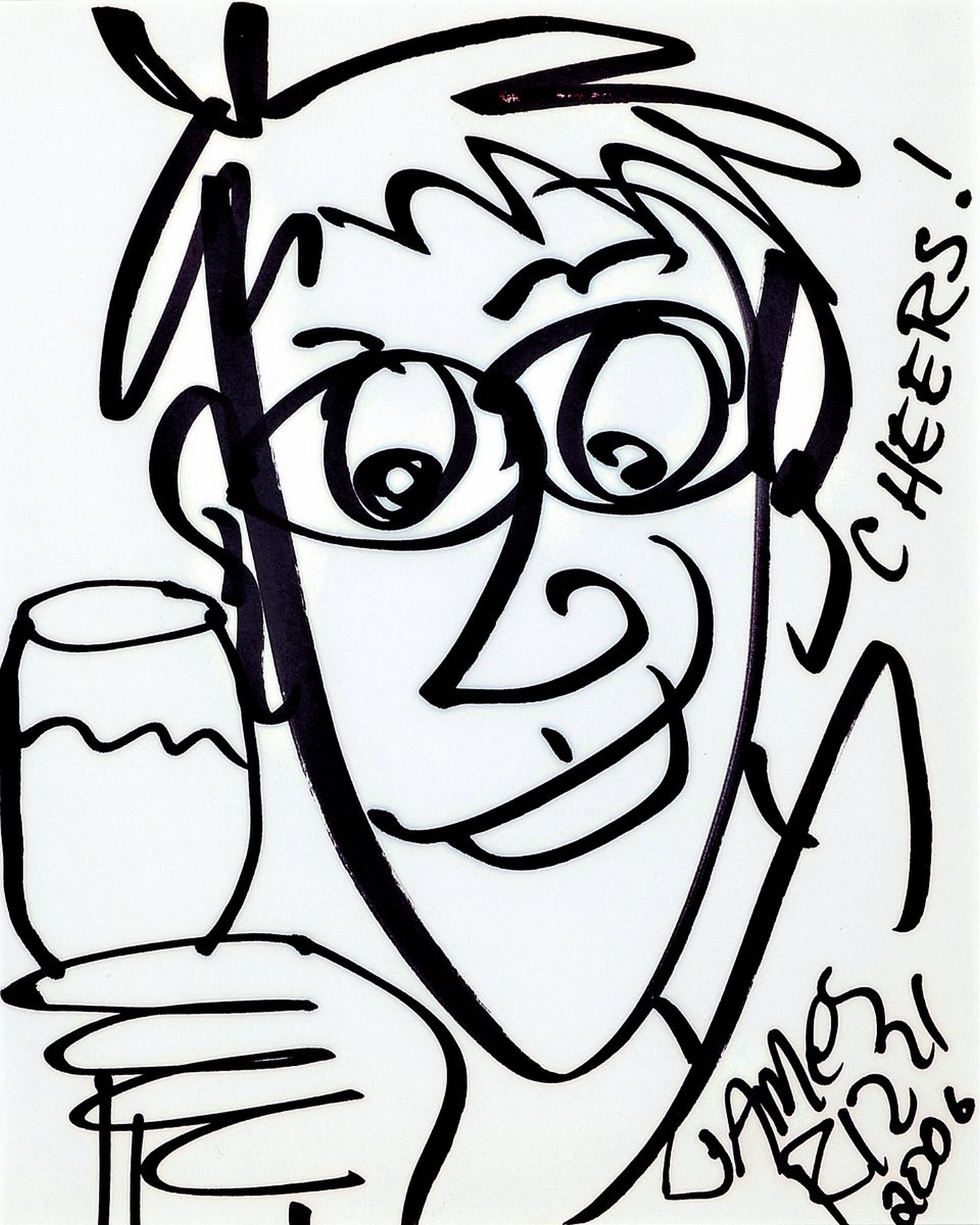 James Rizzi, 1950-2011, "cheers", Filzstiftzeichnung, handsign., dat. 2006, u. Glas, gesamt ca. 42x37 cm