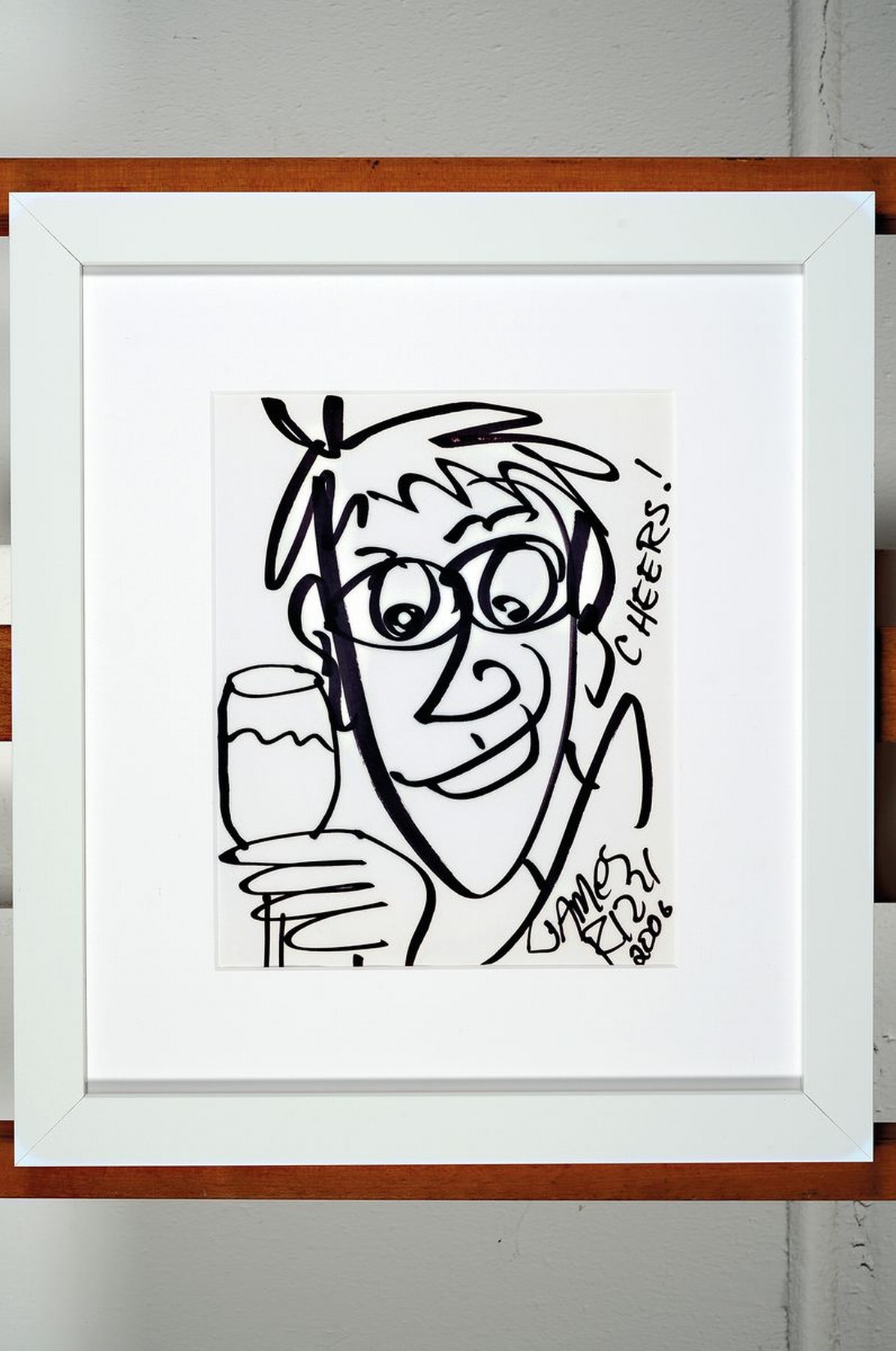 Detail k: James Rizzi, 1950-2011, "cheers", Filzstiftzeichnung, handsign., dat. 2006, u. Glas, gesamt ca. 42x37 cm