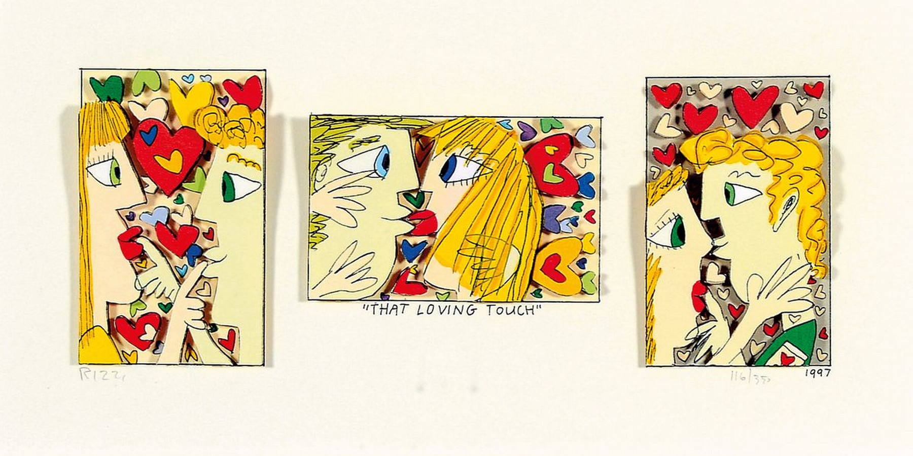 James Rizzi, 1950-2011, 3D-Konstruktion "that loving touch", handsign., num. 116/350, dat. 1997, unter Glas gerahmt, R. beschädigt, gesamt ...