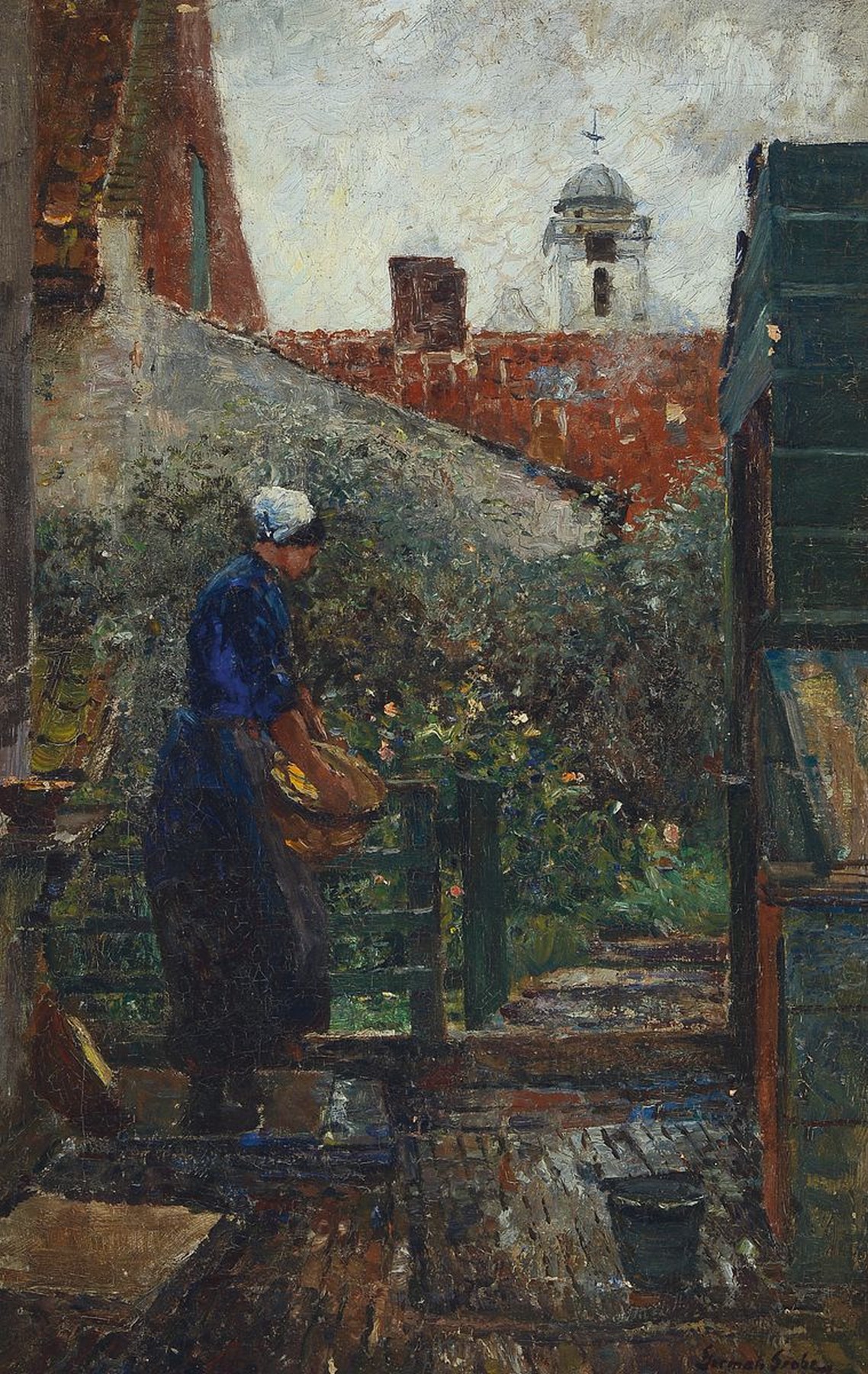 German Grobe, 1857 Hanau-1938 Düsseldorf, junge Frau mit Korb in einem von Mauern umschlossenen Garten, Öl/Lwd, rechts unten signiert, ca. ...