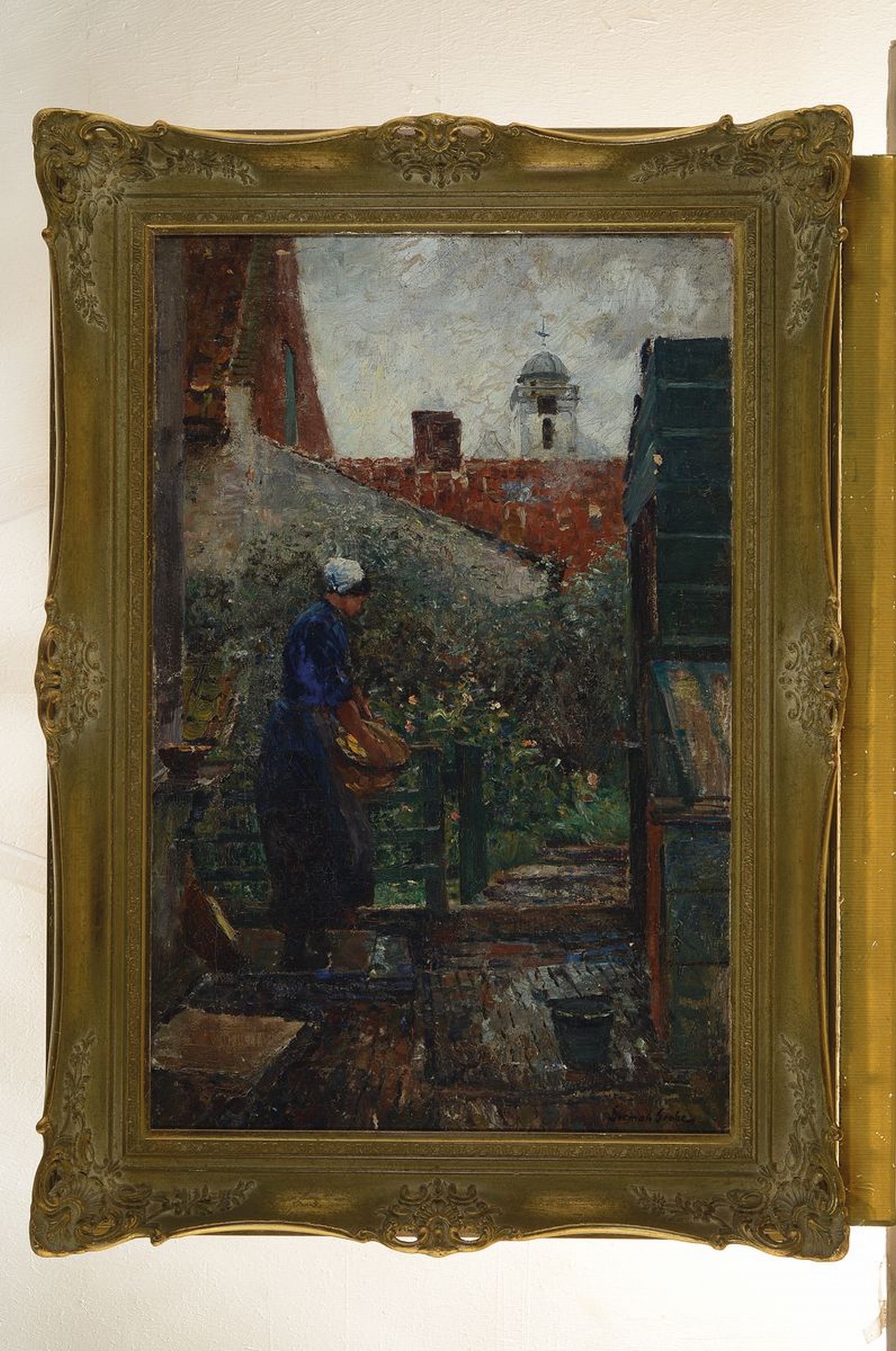 Detail k: German Grobe, 1857 Hanau-1938 Düsseldorf, junge Frau mit Korb in einem von Mauern umschlossenen Garten, Öl/Lwd, rechts unten signiert, ca. ...
