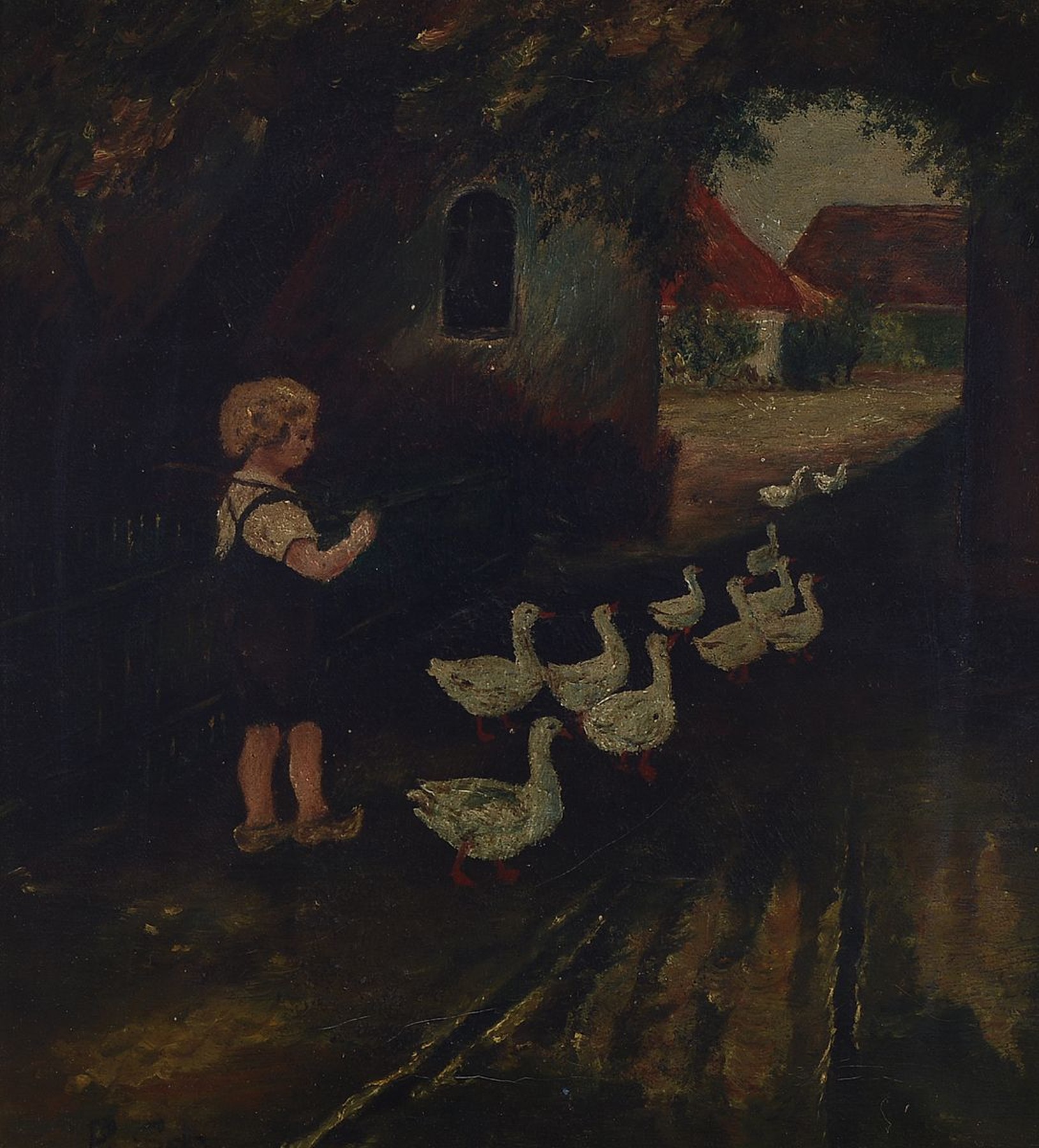 Ernst Schäfer, geb. 1901, Mädchen mit Gänsen, Öl/Lwd, links unten signiert, ca. 26x24cm/ 37x35cm, Rahmen, dieser beschädigt