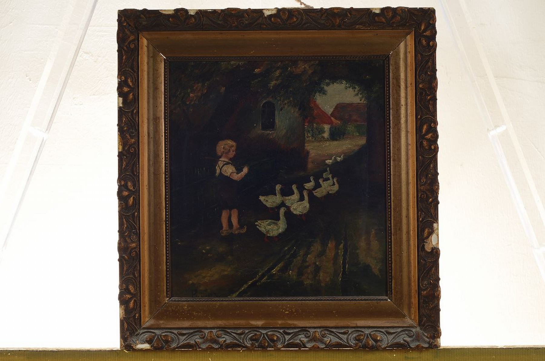 Detail k: Ernst Schäfer, geb. 1901, Mädchen mit Gänsen, Öl/Lwd, links unten signiert, ca. 26x24cm/ 37x35cm, Rahmen, dieser beschädigt