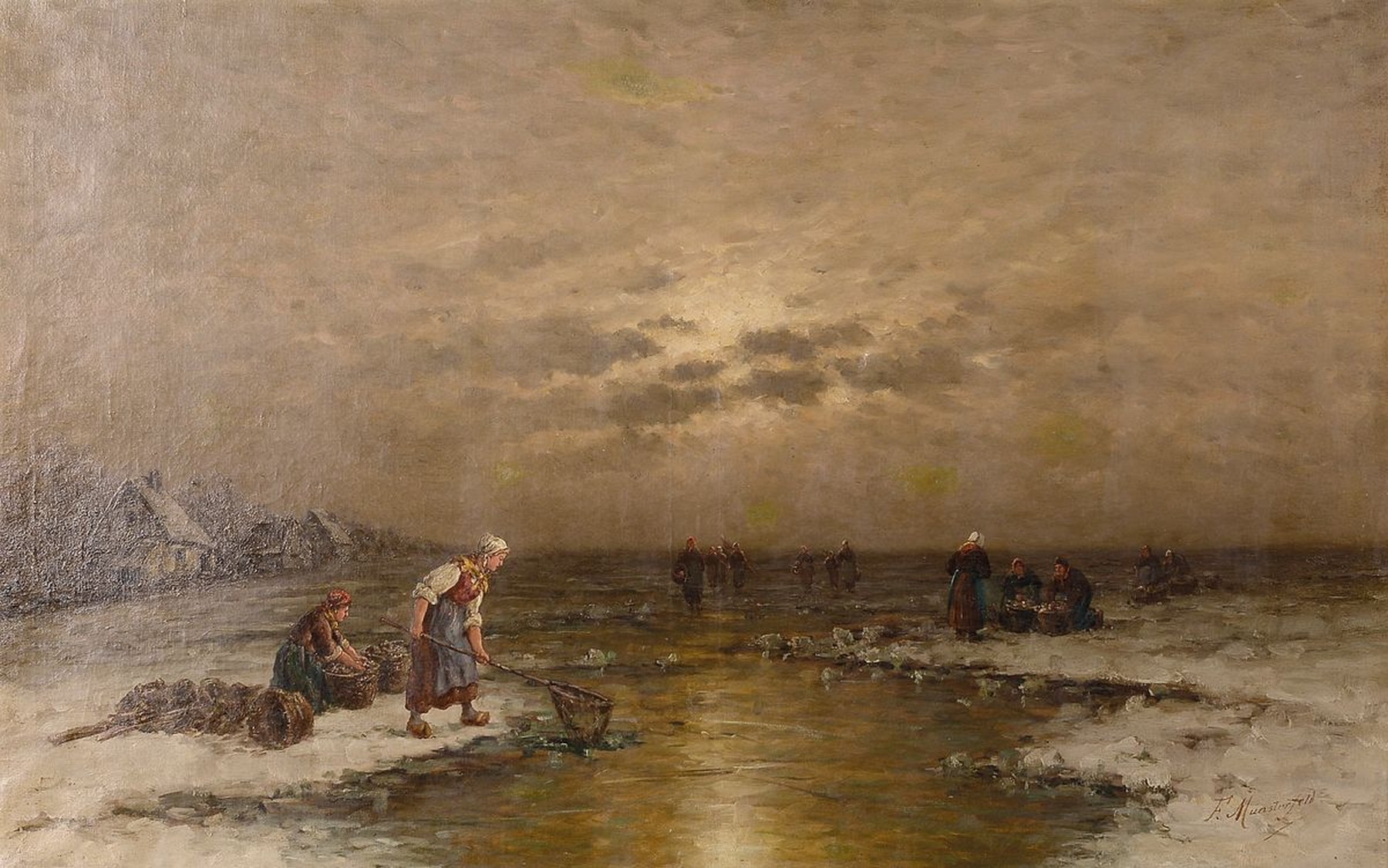 F. Münsterfeld, deutscher Maler der 2. Hälfte des 19. Jh., Winterlandschaft mit Eisfischern, Öl/Lwd, rechts unten signiert, ca. ...