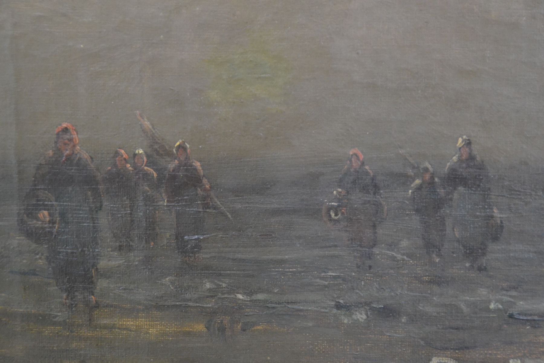 Detail b: F. Münsterfeld, deutscher Maler der 2. Hälfte des 19. Jh., Winterlandschaft mit Eisfischern, Öl/Lwd, rechts unten signiert, ca. ...