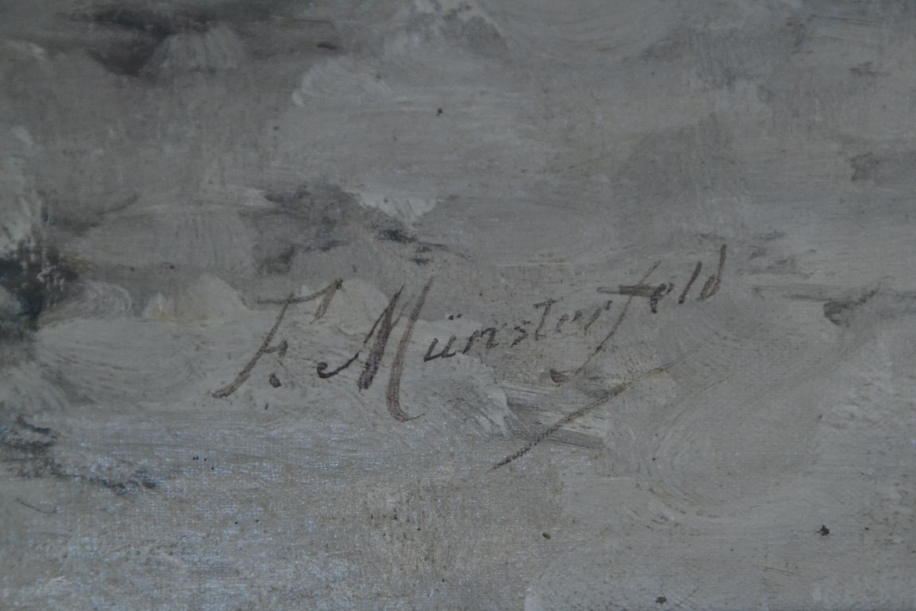 Detail c: F. Münsterfeld, deutscher Maler der 2. Hälfte des 19. Jh., Winterlandschaft mit Eisfischern, Öl/Lwd, rechts unten signiert, ca. ...