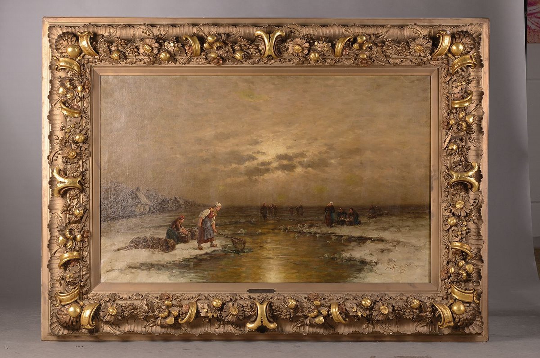 Detail k: F. Münsterfeld, deutscher Maler der 2. Hälfte des 19. Jh., Winterlandschaft mit Eisfischern, Öl/Lwd, rechts unten signiert, ca. ...