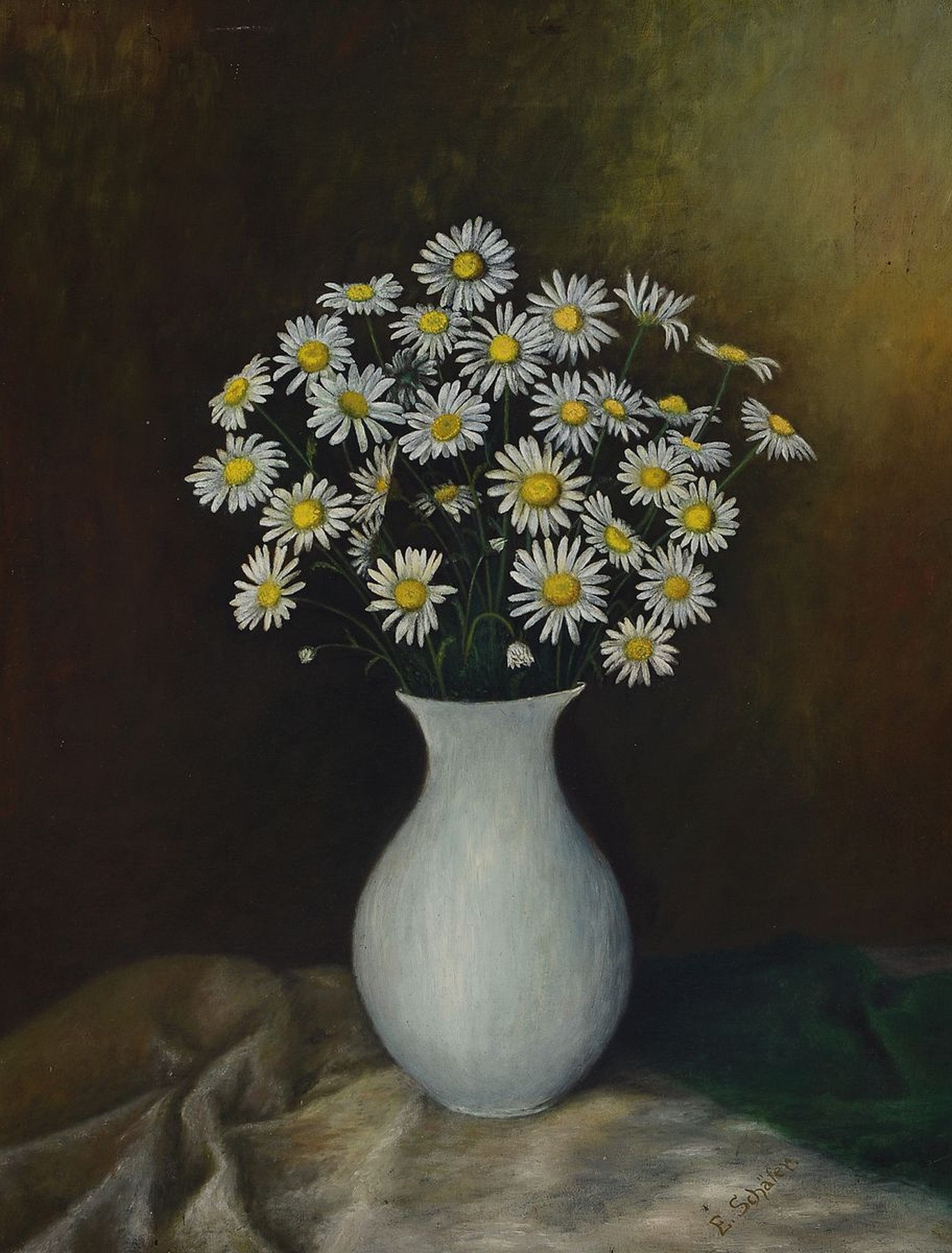 E. Schäfer, Maler der 1. Hälfte des 20. Jh., Blumenstillleben mit Margeriten in Vase, Öl/Lwd, rechts unten signiert, ca. 63x45cm
