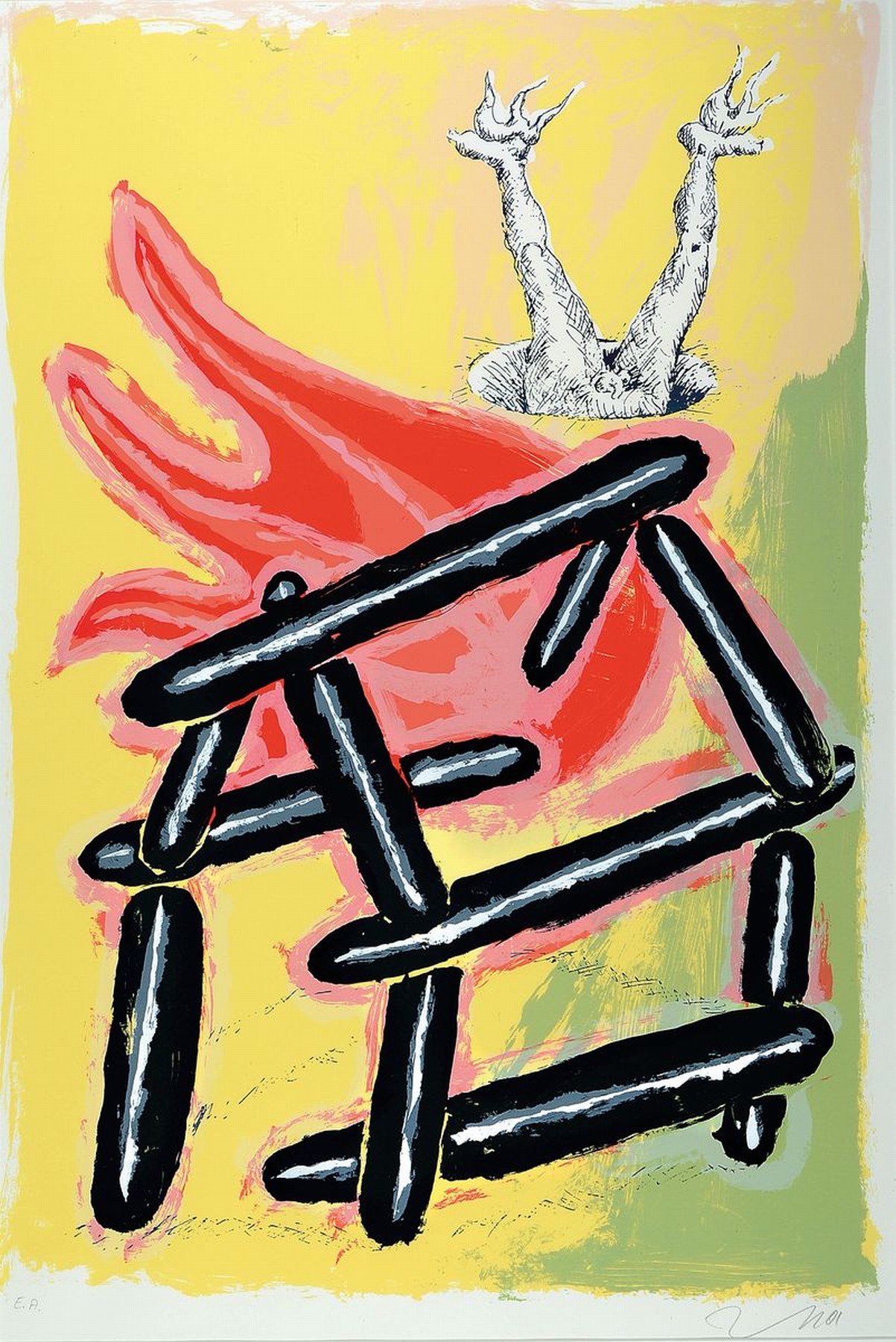 Jörg Immendorff, 1945-2007, Das brennende Haus, Farbsiebdruck, handsigniert, num. e.a., ca. 81x55.5cm, PP. u.Gl., R. ca. 115x85cm, der Einlieferer ...