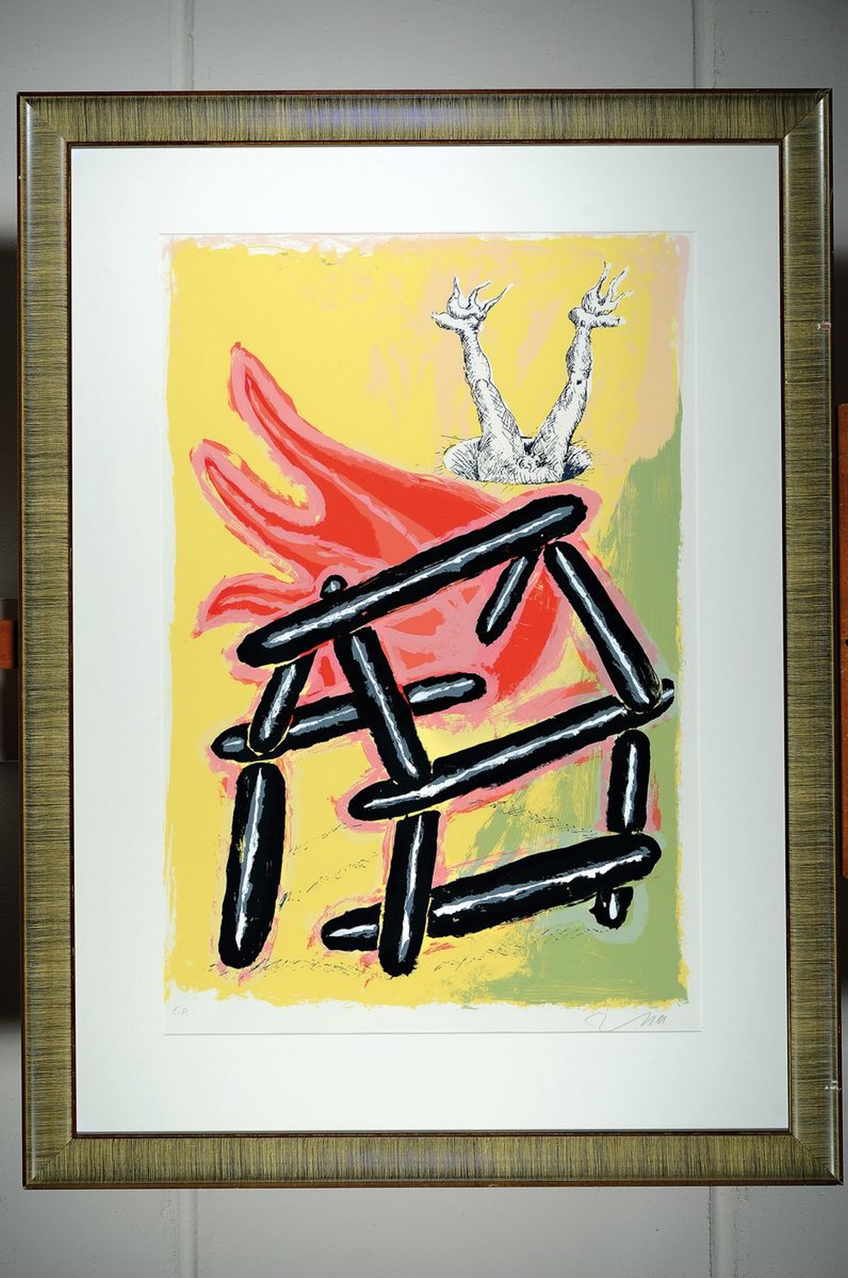 Detail k: Jörg Immendorff, 1945-2007, Das brennende Haus, Farbsiebdruck, handsigniert, num. e.a., ca. 81x55.5cm, PP. u.Gl., R. ca. 115x85cm, der Einlieferer ...