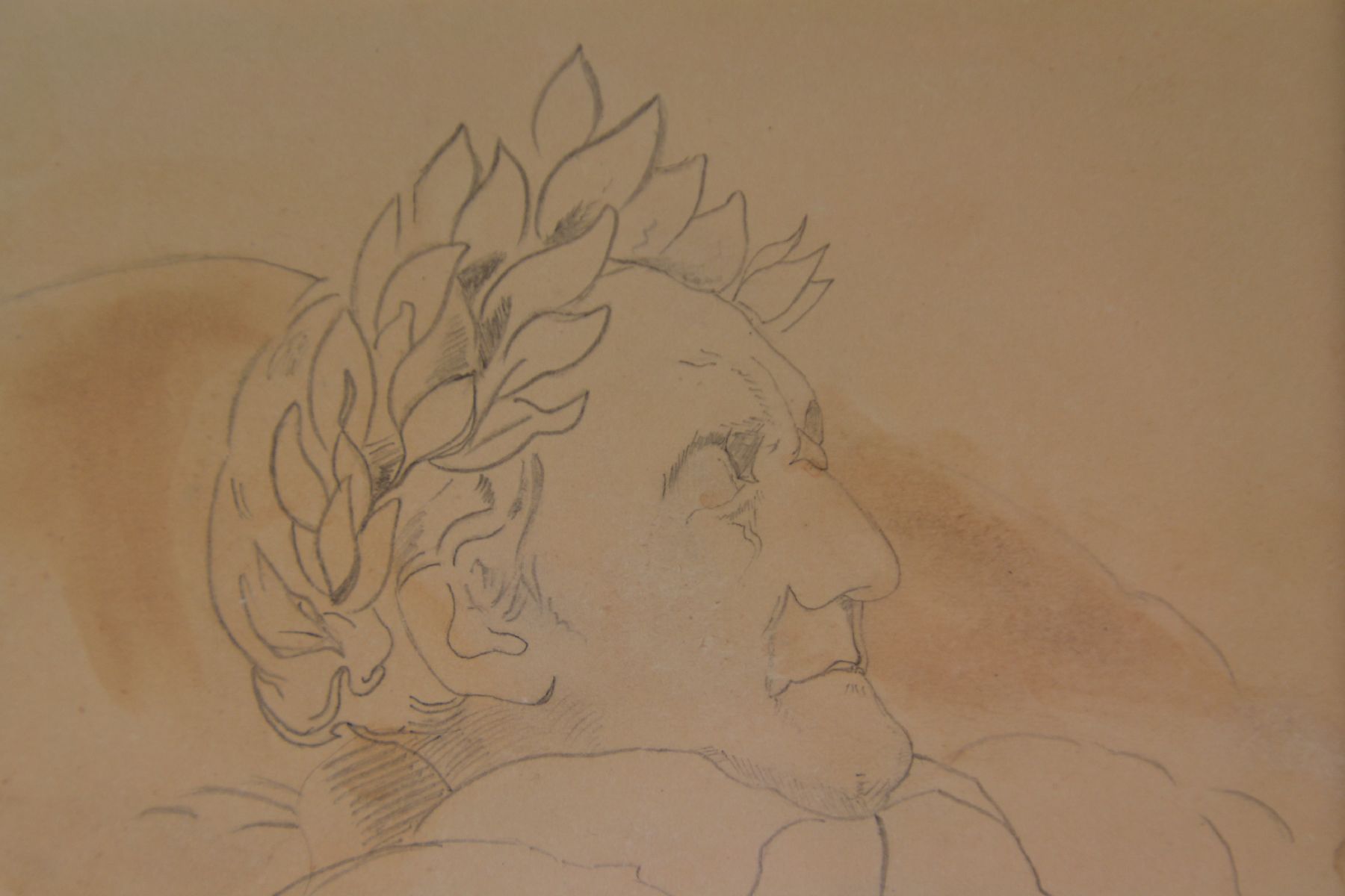 Detail b: Friedrich Preller, d. Ältere, 1804 Eisenach - 1878 Weimar, Bleistiftzeichnung aquarelliert Goethe auf dem Totenbett, von Preller für Kestner ...