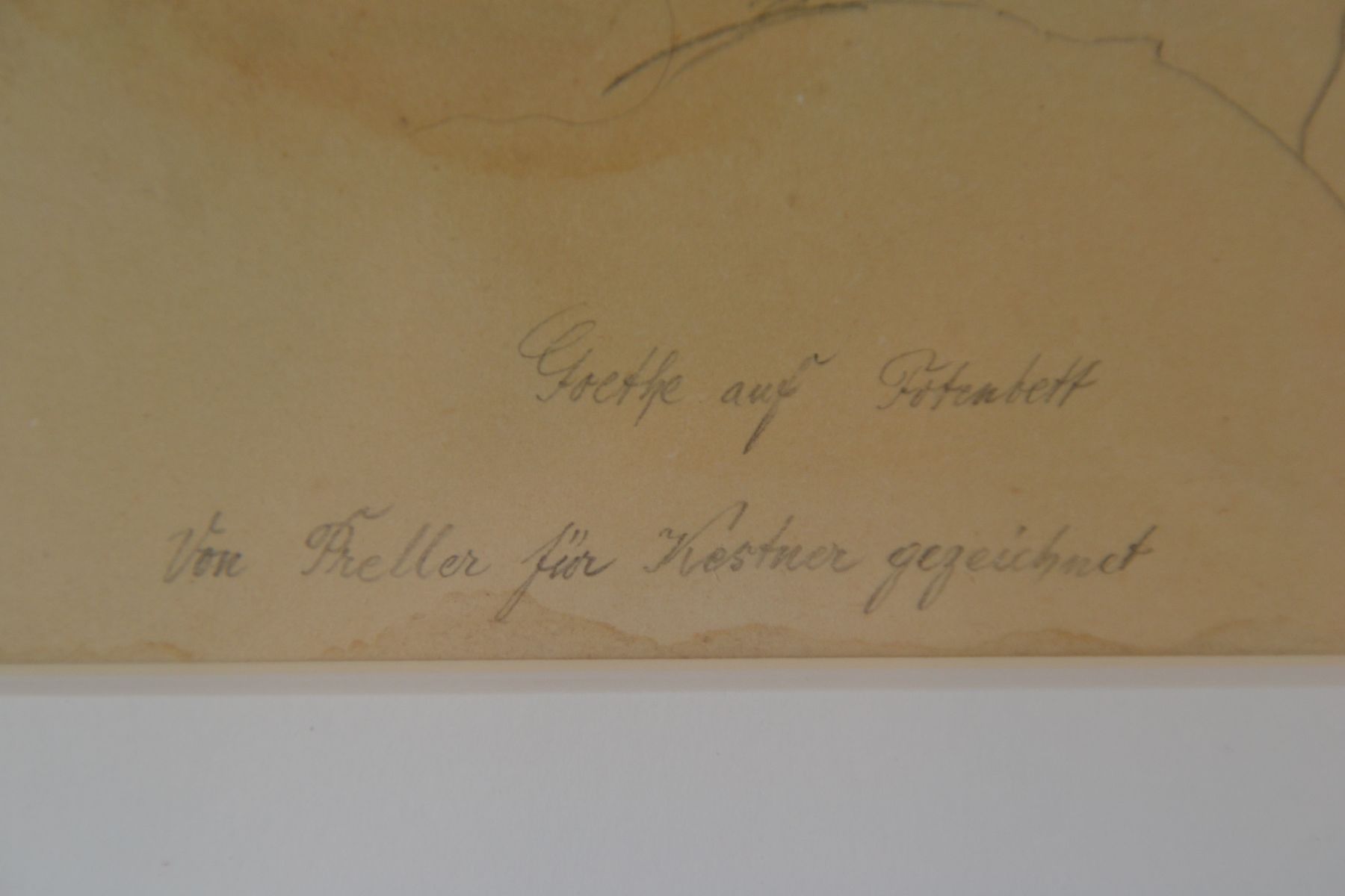 Detail c: Friedrich Preller, d. Ältere, 1804 Eisenach - 1878 Weimar, Bleistiftzeichnung aquarelliert Goethe auf dem Totenbett, von Preller für Kestner ...