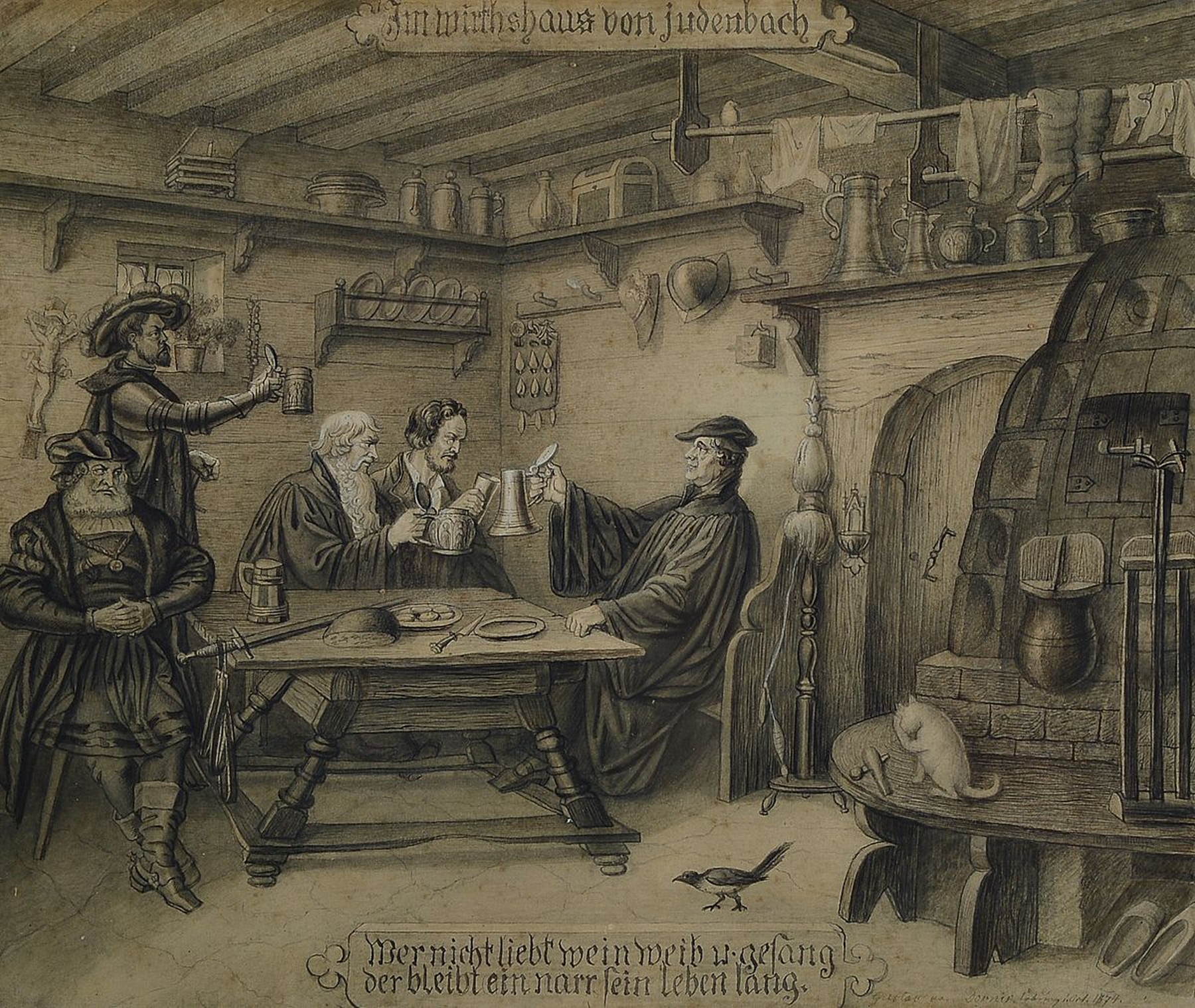 Gustav von Dornis, 1812 - 1881, Darstellung: Am Wirtshaus von Judenbach, mit Martin Luther, dieses Wirtshaus wurde in Sonneberg wieder aufgebaut, zur ...