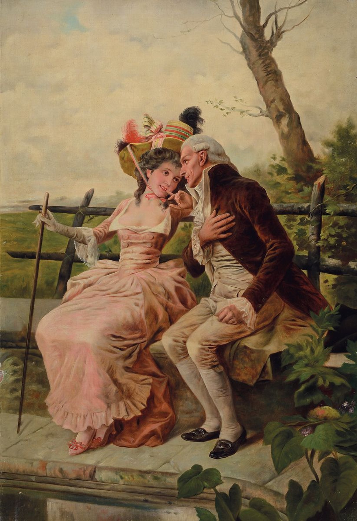 Antonio Lonza, 1846 Triest-1918 Venedig, verliebtes Paar in Kostümen des 18. Jh. auf einer Bank in der Natur, Öl/Lwd, rechts unten signiert, ca. ...