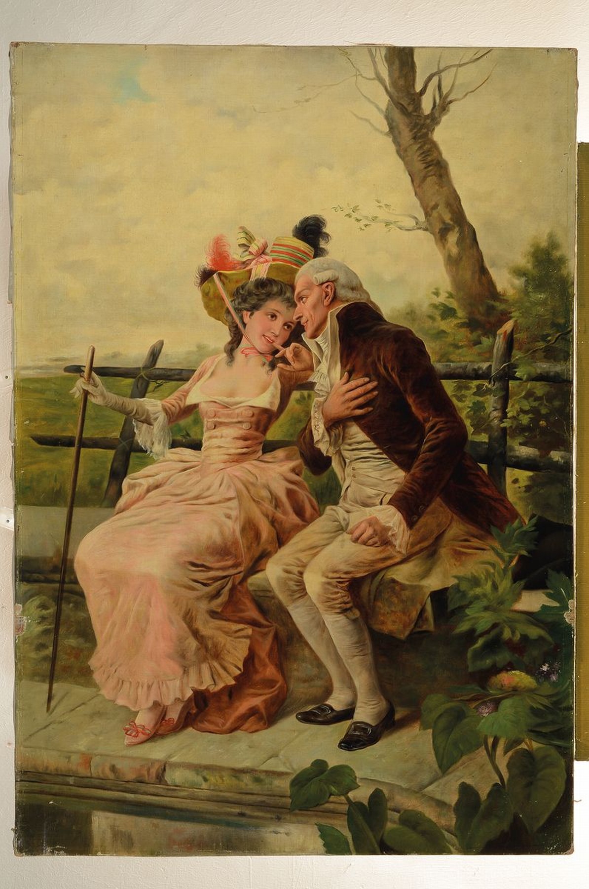 Detail k: Antonio Lonza, 1846 Triest-1918 Venedig, verliebtes Paar in Kostümen des 18. Jh. auf einer Bank in der Natur, Öl/Lwd, rechts unten signiert, ca. ...