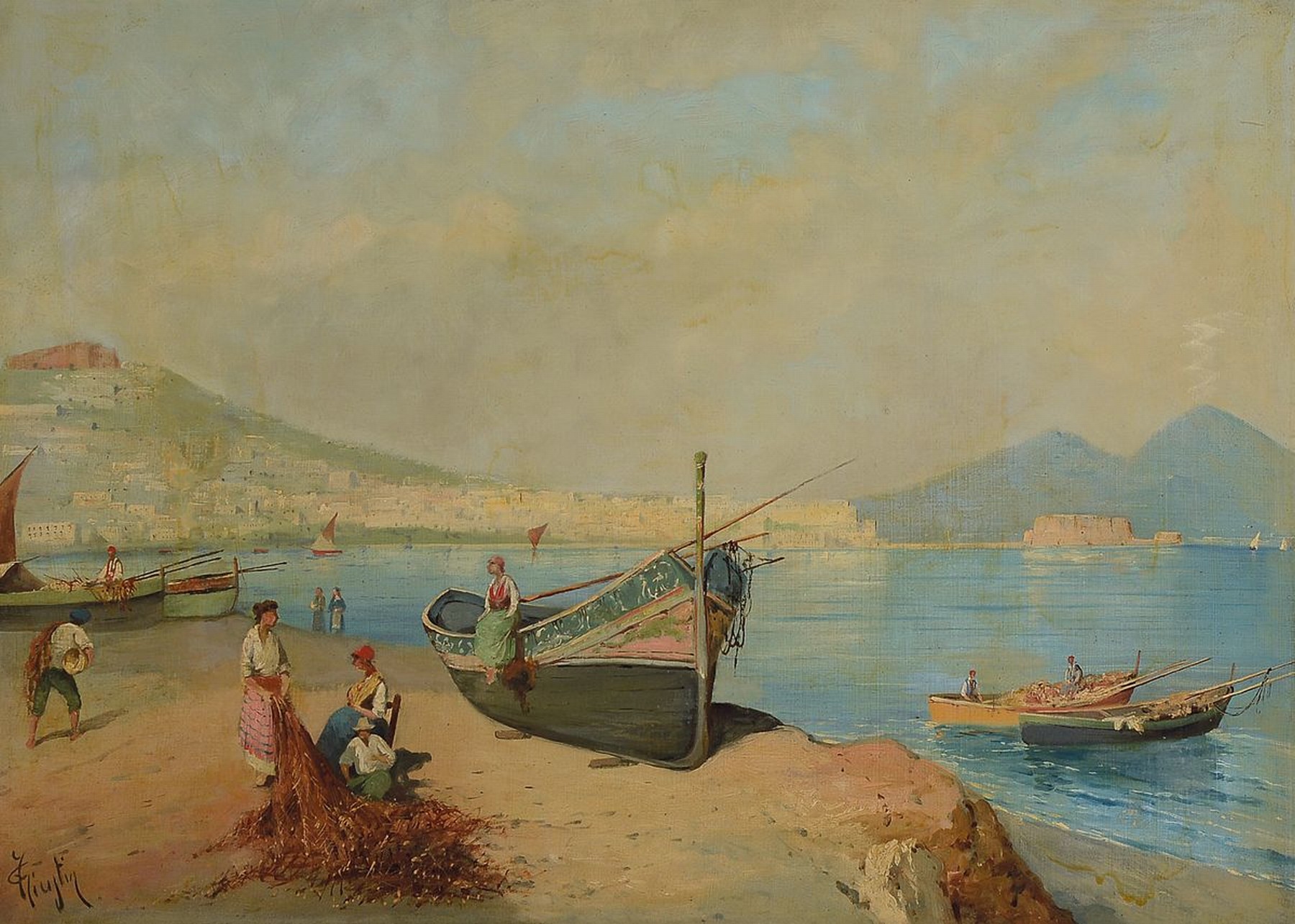Guglielmo Giusti, 1824-1916 Neapel, Fischer im Hafen von Neapel, im Hintergrund der rauchende Vesuv, Öl/Hartfaser, links unten signiert, ca. 48 x 65 ...