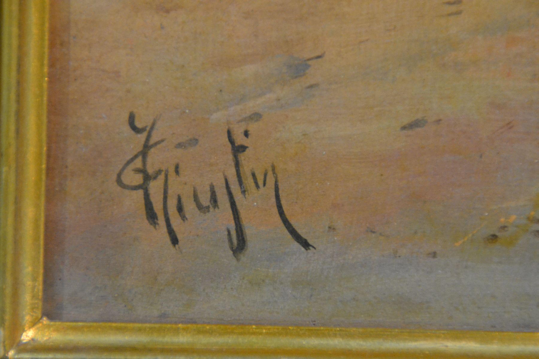 Detail b: Guglielmo Giusti, 1824-1916 Neapel, Fischer im Hafen von Neapel, im Hintergrund der rauchende Vesuv, Öl/Hartfaser, links unten signiert, ca. 48 x 65 ...
