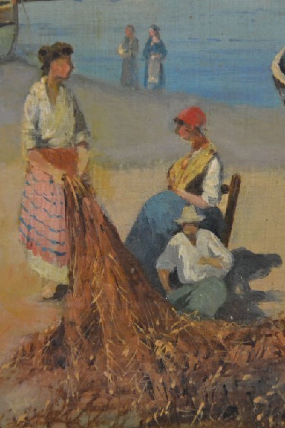 Detail c: Guglielmo Giusti, 1824-1916 Neapel, Fischer im Hafen von Neapel, im Hintergrund der rauchende Vesuv, Öl/Hartfaser, links unten signiert, ca. 48 x 65 ...