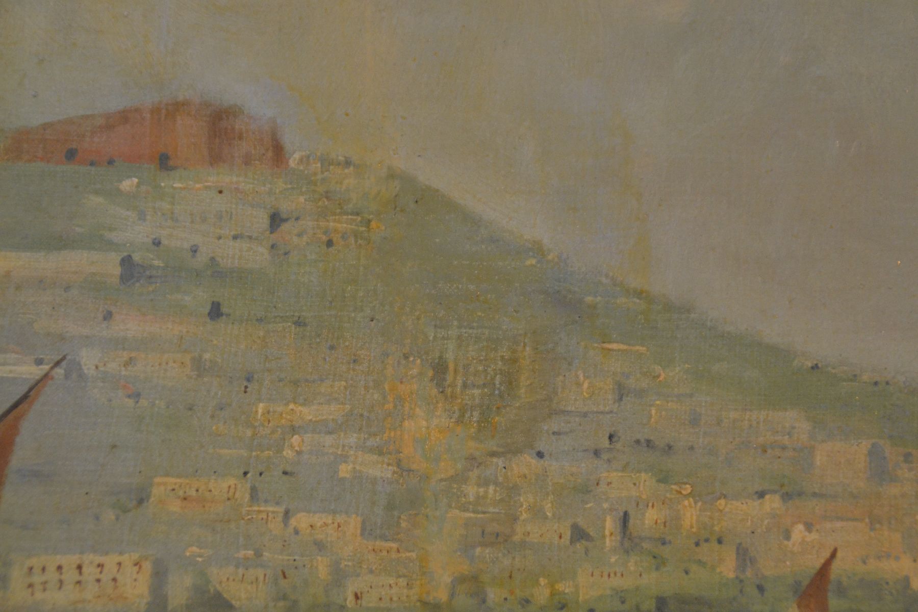 Detail d: Guglielmo Giusti, 1824-1916 Neapel, Fischer im Hafen von Neapel, im Hintergrund der rauchende Vesuv, Öl/Hartfaser, links unten signiert, ca. 48 x 65 ...