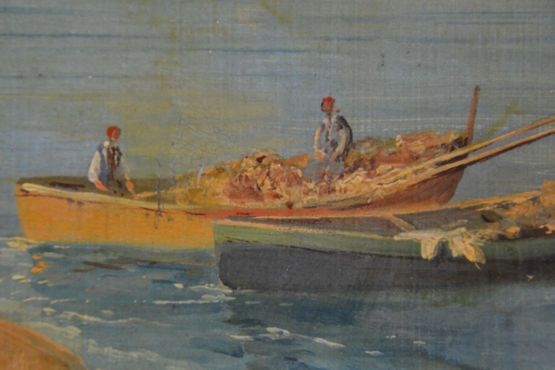 Detail e: Guglielmo Giusti, 1824-1916 Neapel, Fischer im Hafen von Neapel, im Hintergrund der rauchende Vesuv, Öl/Hartfaser, links unten signiert, ca. 48 x 65 ...