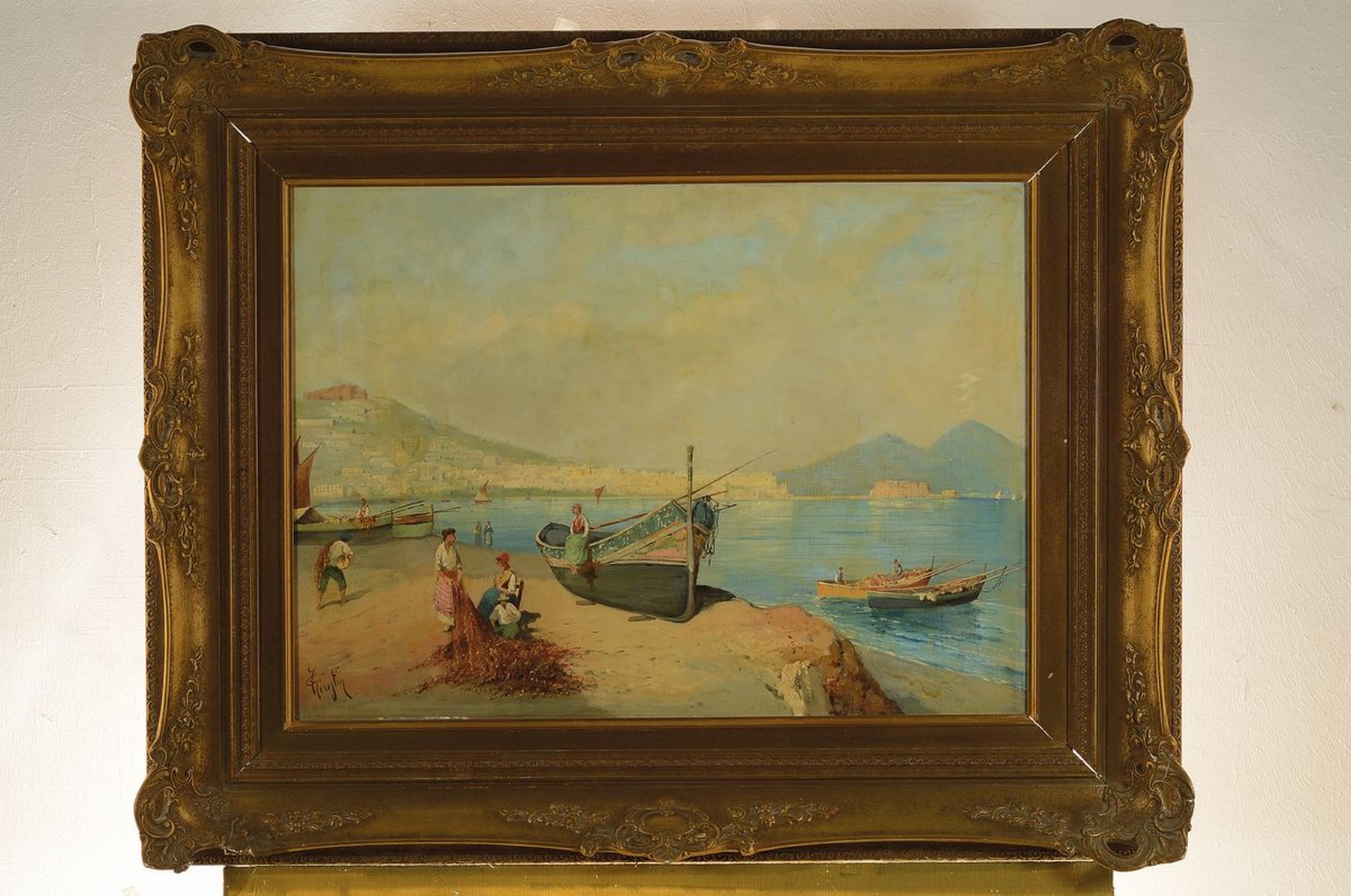 Detail k: Guglielmo Giusti, 1824-1916 Neapel, Fischer im Hafen von Neapel, im Hintergrund der rauchende Vesuv, Öl/Hartfaser, links unten signiert, ca. 48 x 65 ...