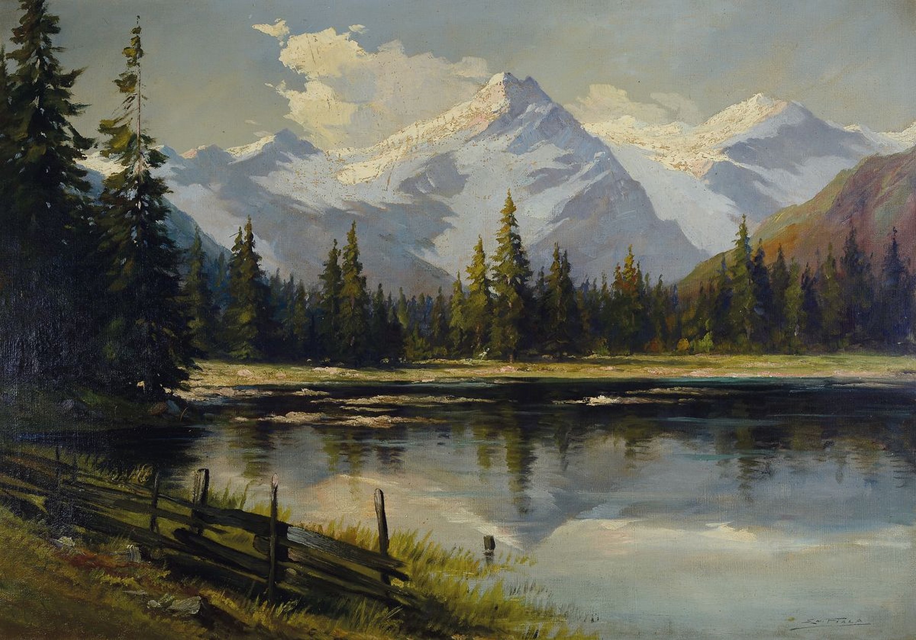 Emil Fiala, 1869 Pressnitz-1960 Wien, Hochgebirgslandschaft mit See, Öl/Lwd, re. unten sign., ca. 71 x 100 cm