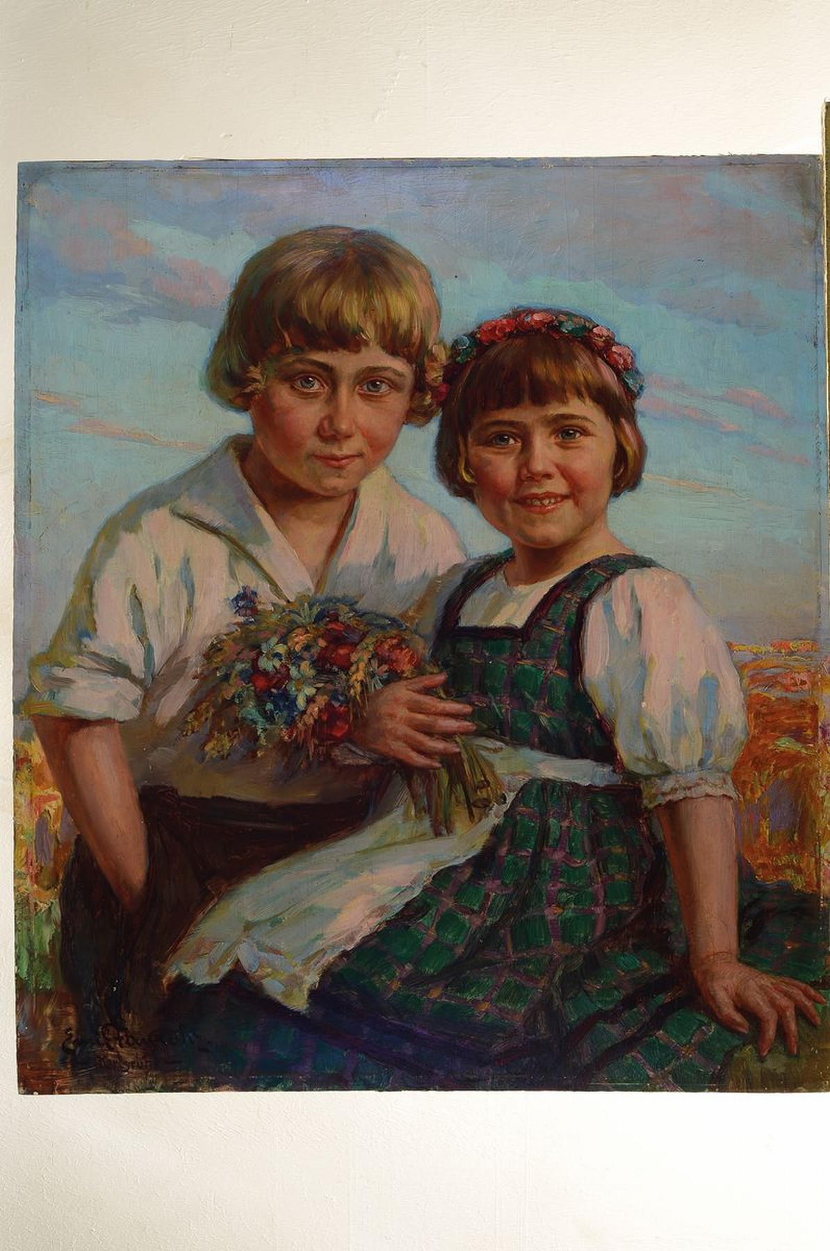 Detail k: Emil Firnrohr, 1881 Karlsruhe- 1961, Porträt eines Geschwisterpaares, Öl/Holz, links unten signiert, 70 x 60 cm