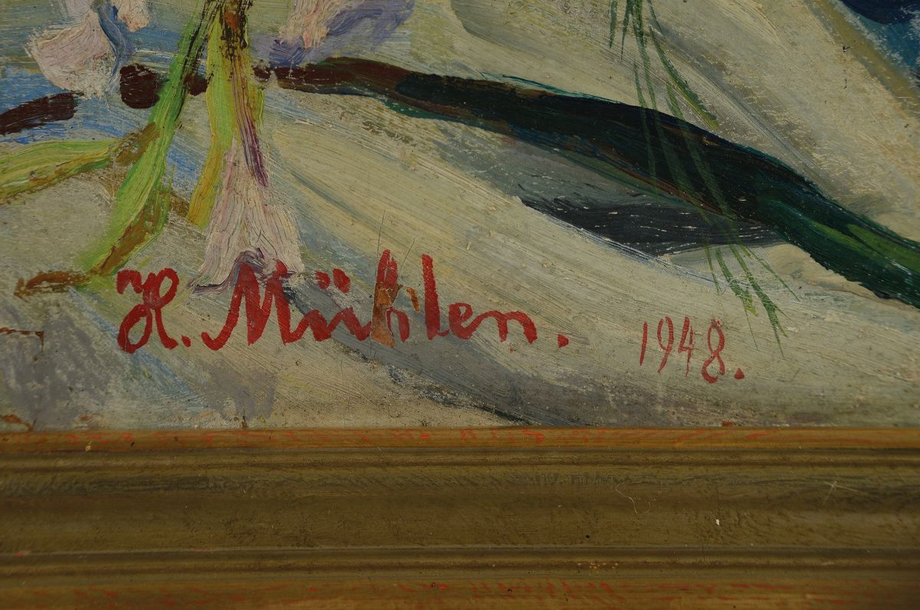 Detail a: Hermann Mühlen, 1886 Düsseldorf-1964 München , Stillleben mit Gladiolen, Öl/Malkarton, links unten signiert und dat. 1948, ca. 70 x 55 cm, Rahmen ...