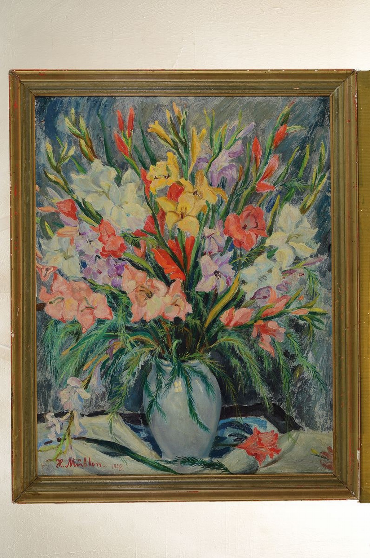 Detail k: Hermann Mühlen, 1886 Düsseldorf-1964 München , Stillleben mit Gladiolen, Öl/Malkarton, links unten signiert und dat. 1948, ca. 70 x 55 cm, Rahmen ...