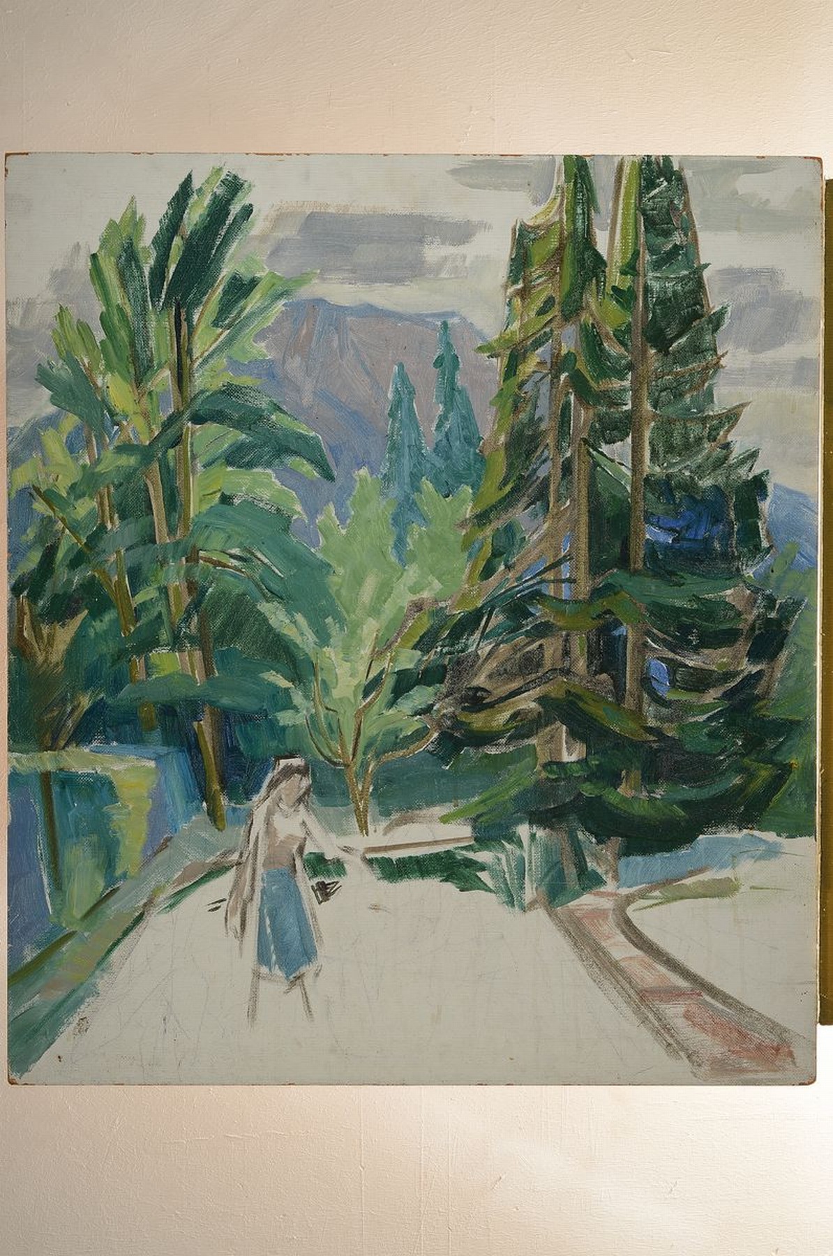 Detail k: Franz Schicker, 1915-2010, Ölstudie, Frau in Waldlandschaft in den Bergen, Öl/Hartfaser, verso Nachlassstempel, ca. 86 x 75 cm