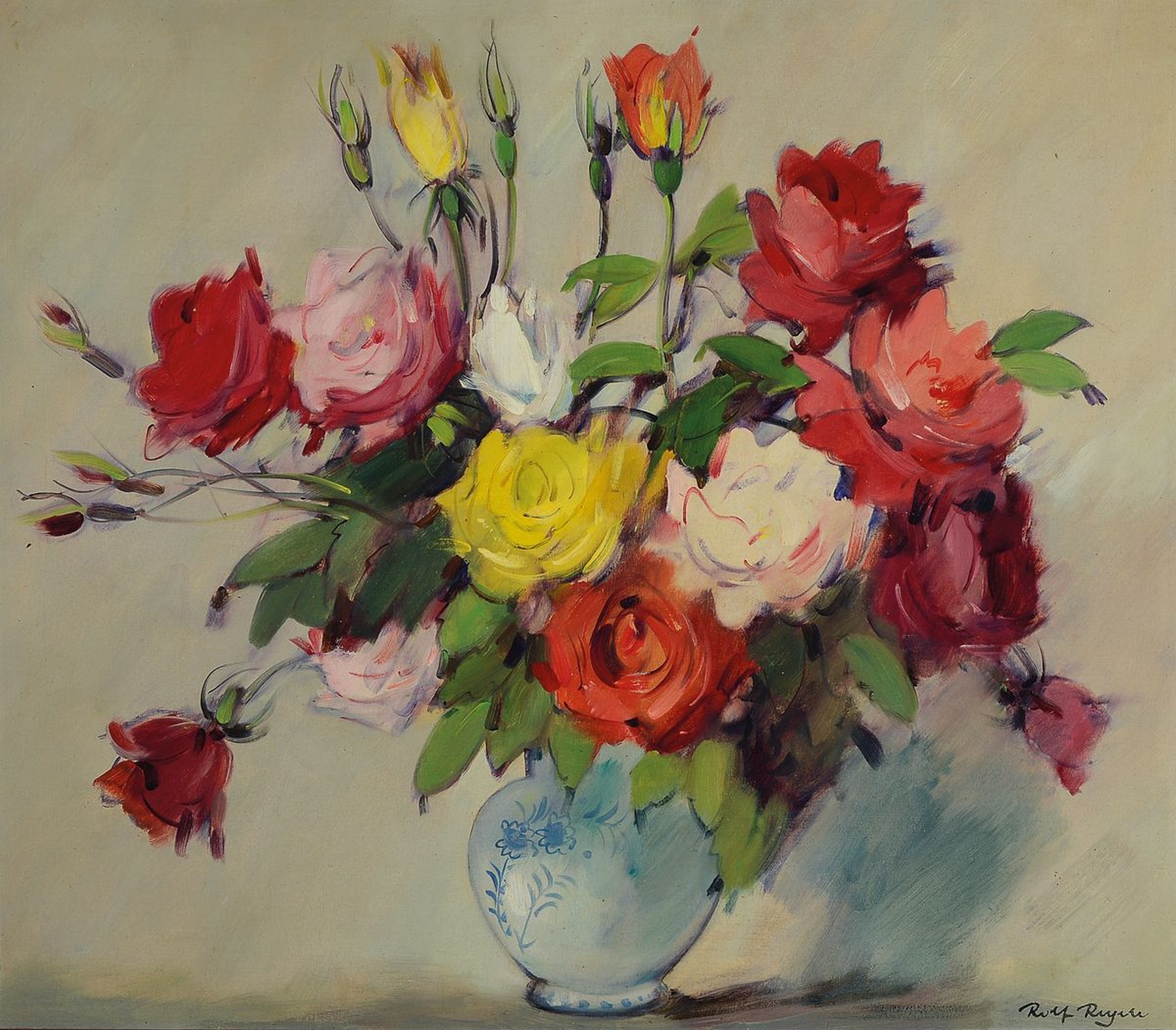 Rolf Regele, 1899 Bozen-1987 Siegmundskron, Blumenstillleben, Öl/Malkarton, rechts unten signiert, ca. 56 x 63 cm, Rahmen ca. 66x73cm