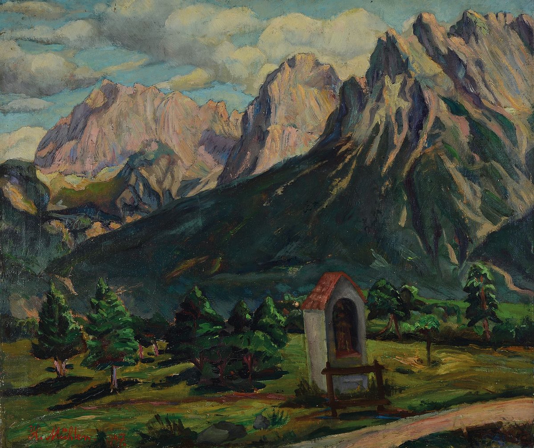 Hermann Mühlen, 1886 Düsseldorf-1964 München , Marterl im Hochgebirge, Öl/Lwd, signiert, dat. 1947, 63 x 70 cm