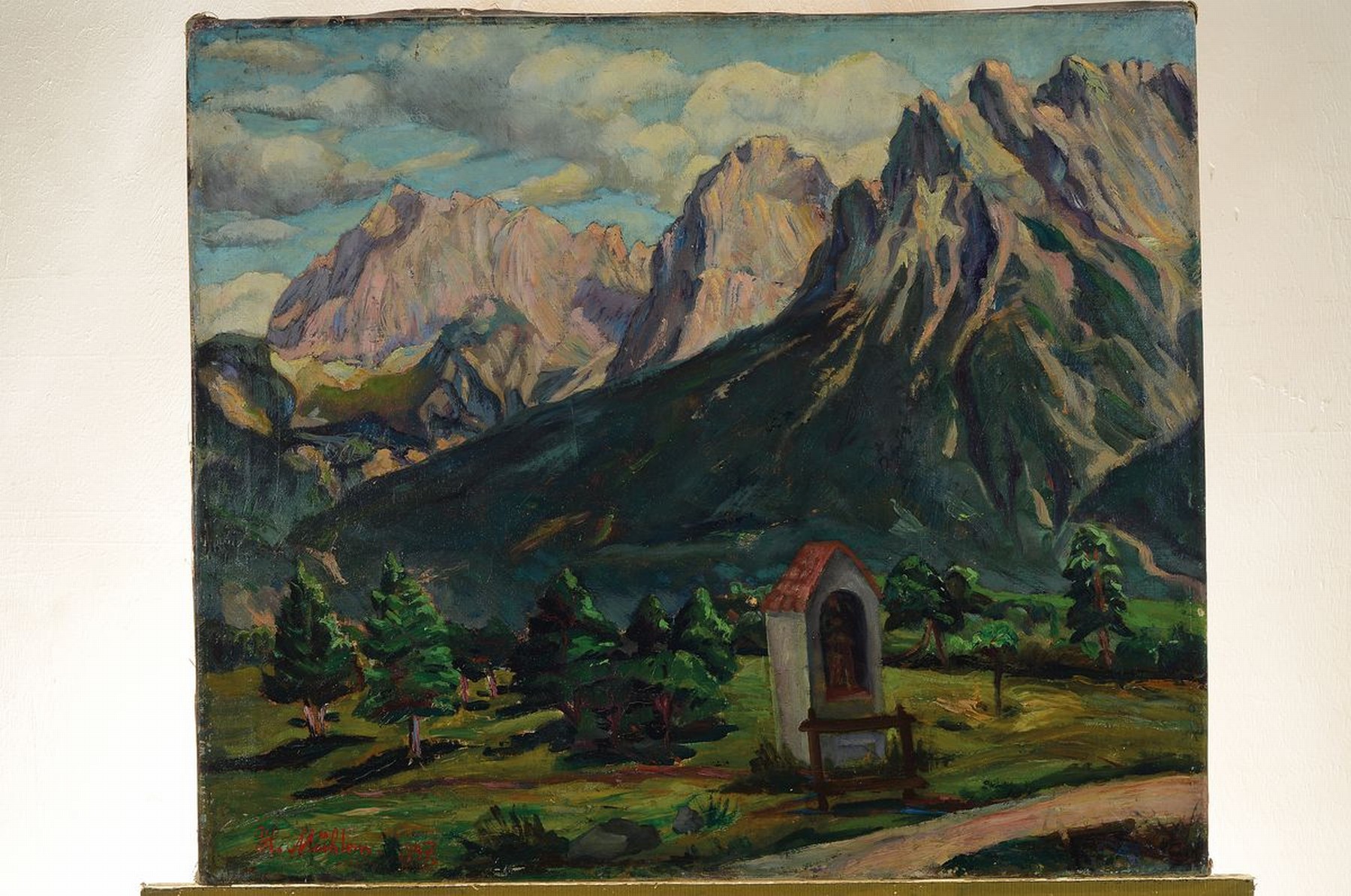 Detail k: Hermann Mühlen, 1886 Düsseldorf-1964 München , Marterl im Hochgebirge, Öl/Lwd, signiert, dat. 1947, 63 x 70 cm