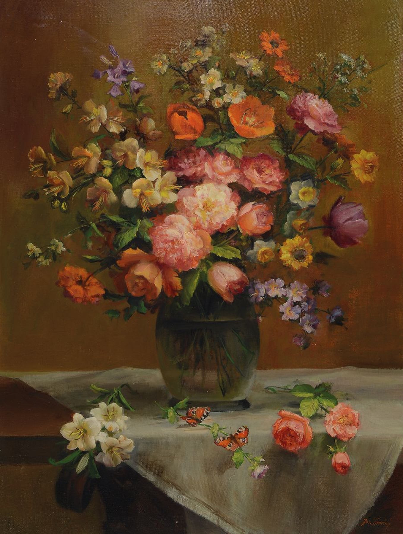 Josef Konecny, 1907-1989, Blumenstillleben mit Schmetterlingen, Öl/Lwd, rechts unten signiert, ca. 80 x 60 cm