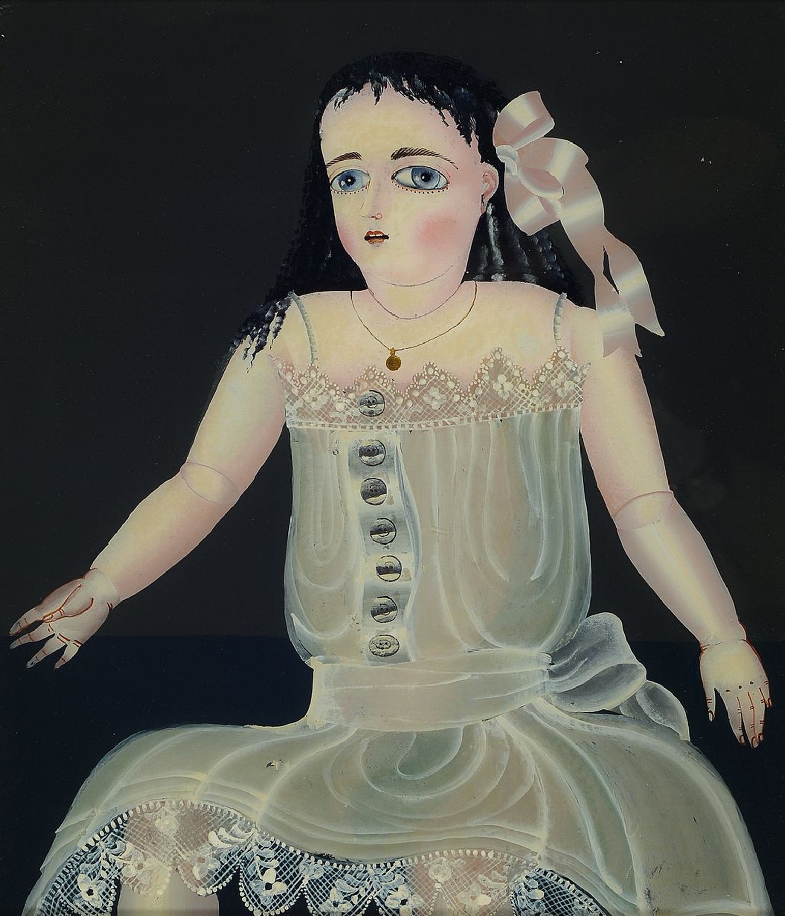 Detail b: Suzy Bartolini, geb. 1930, zwei Hinterglasmalereien mit Puppendarstellungen, rückseitig signiert und z.T. bezeichnet, ca. 38 x 33 cm, Rahmen ca. ...