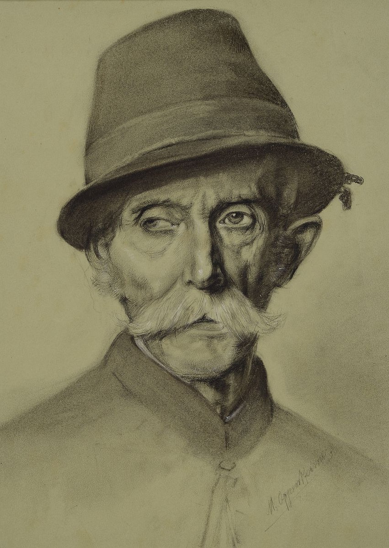 Max Oppenheimer, 1885-1954, Porträt eines Bauern mit Hut, Bleistiftzeichnung, rückseitig num. 72, vorne und hinten signiert, ca. 49 x 36 cm