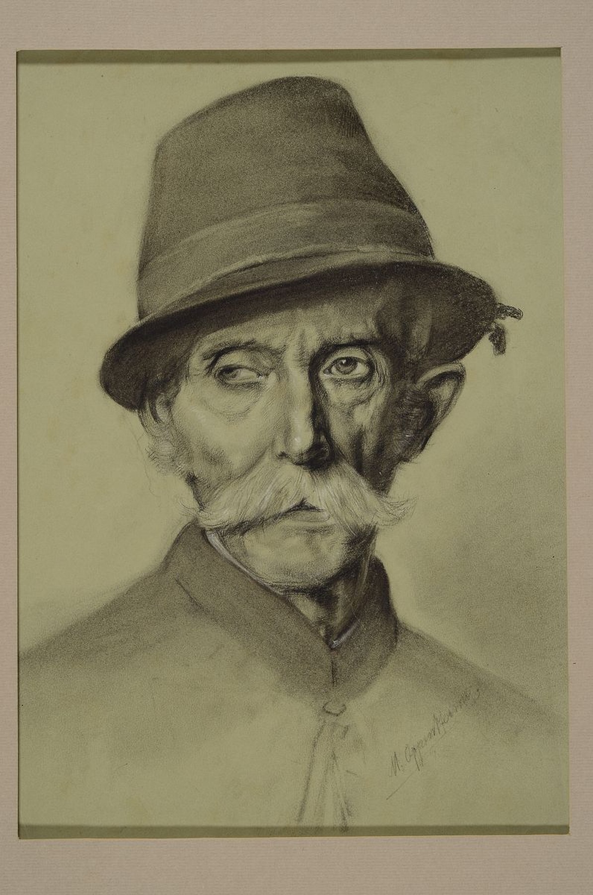 Detail k: Max Oppenheimer, 1885-1954, Porträt eines Bauern mit Hut, Bleistiftzeichnung, rückseitig num. 72, vorne und hinten signiert, ca. 49 x 36 cm