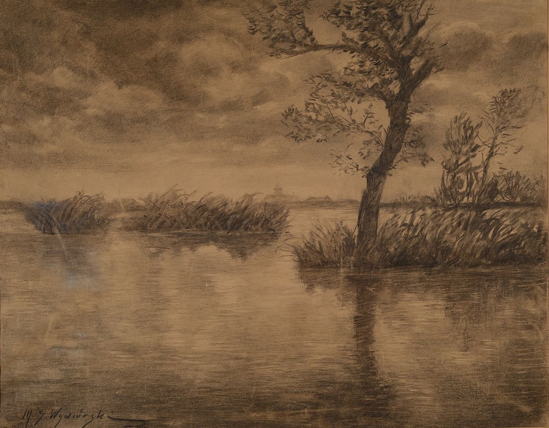 Michael Gorstkin Wywiorski, 1861-1926, Kohlezeichnung auf braunem Papier, Seelandschaft mit Dorf im Hintergrund, signiert, li. ausgebessert, 54 x 68 ...