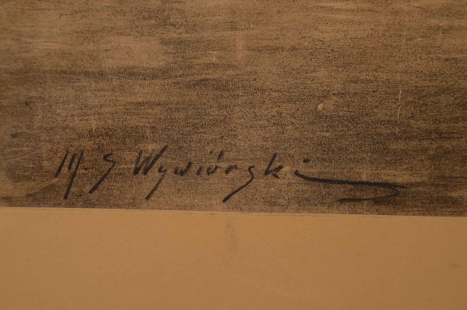 Detail a: Michael Gorstkin Wywiorski, 1861-1926, Kohlezeichnung auf braunem Papier, Seelandschaft mit Dorf im Hintergrund, signiert, li. ausgebessert, 54 x 68 ...