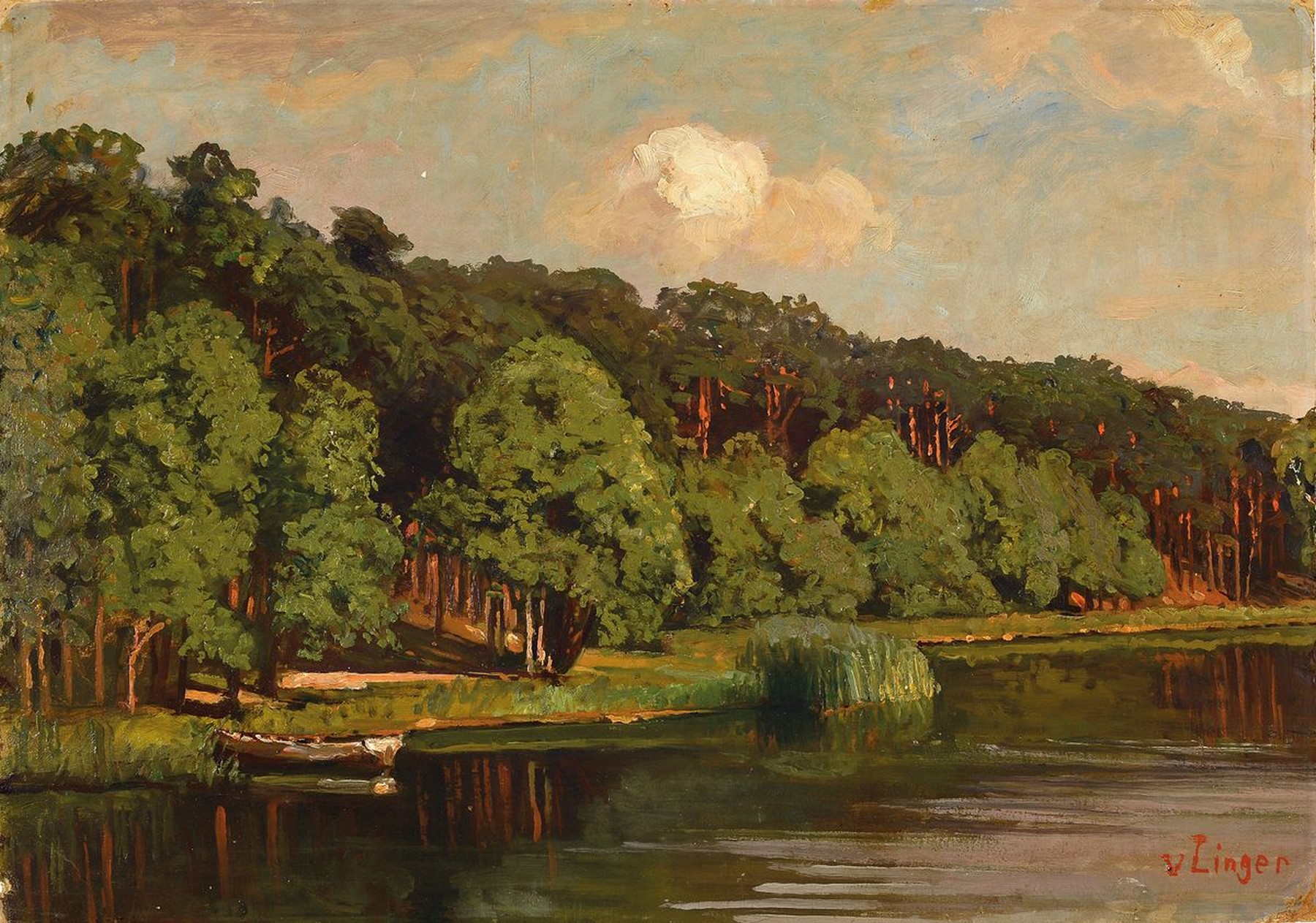 Helene von Linger, geb. 1856 Saarn - nach 1929, Landschaft mit märkischem See, Öl/Malkarton, re. u. signiert, ca. 50 x 71 cm