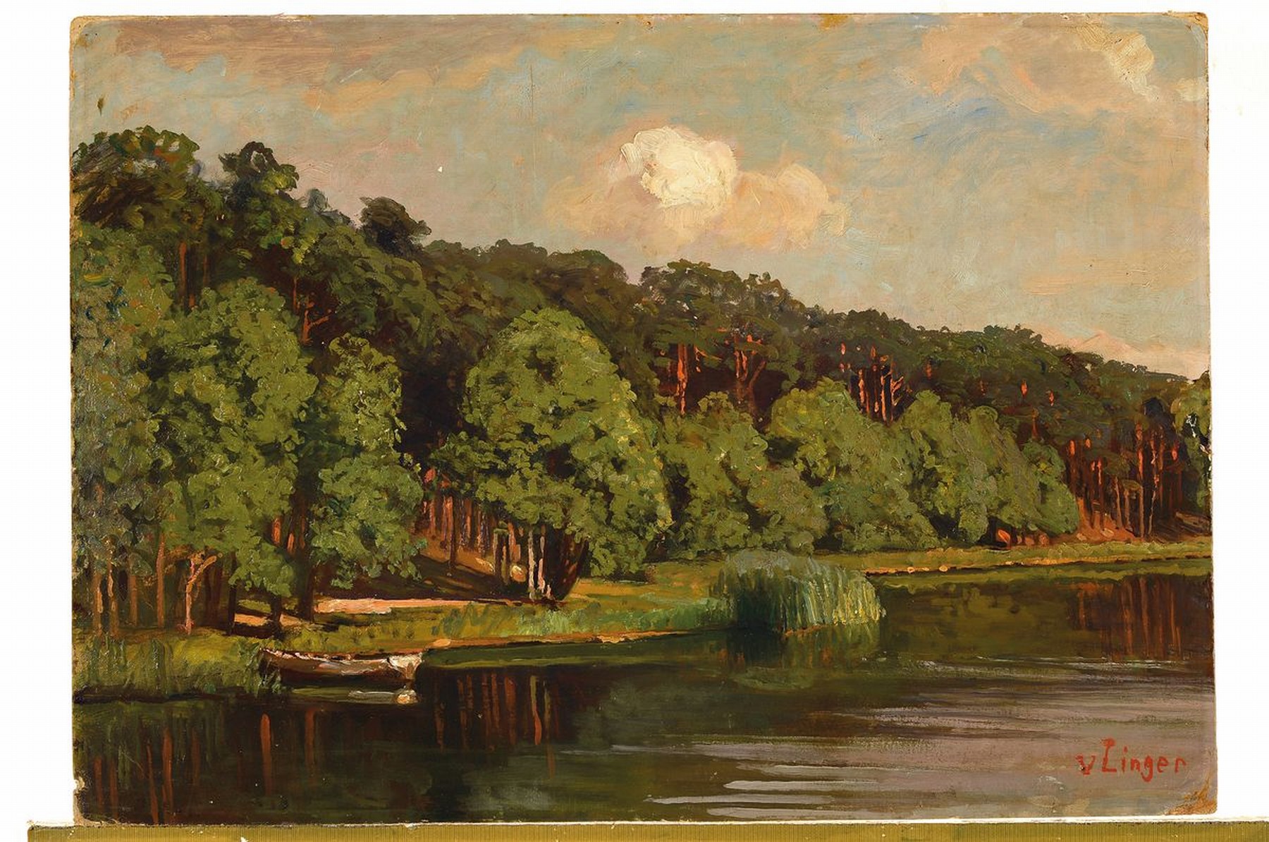 Detail k: Helene von Linger, geb. 1856 Saarn - nach 1929, Landschaft mit märkischem See, Öl/Malkarton, re. u. signiert, ca. 50 x 71 cm