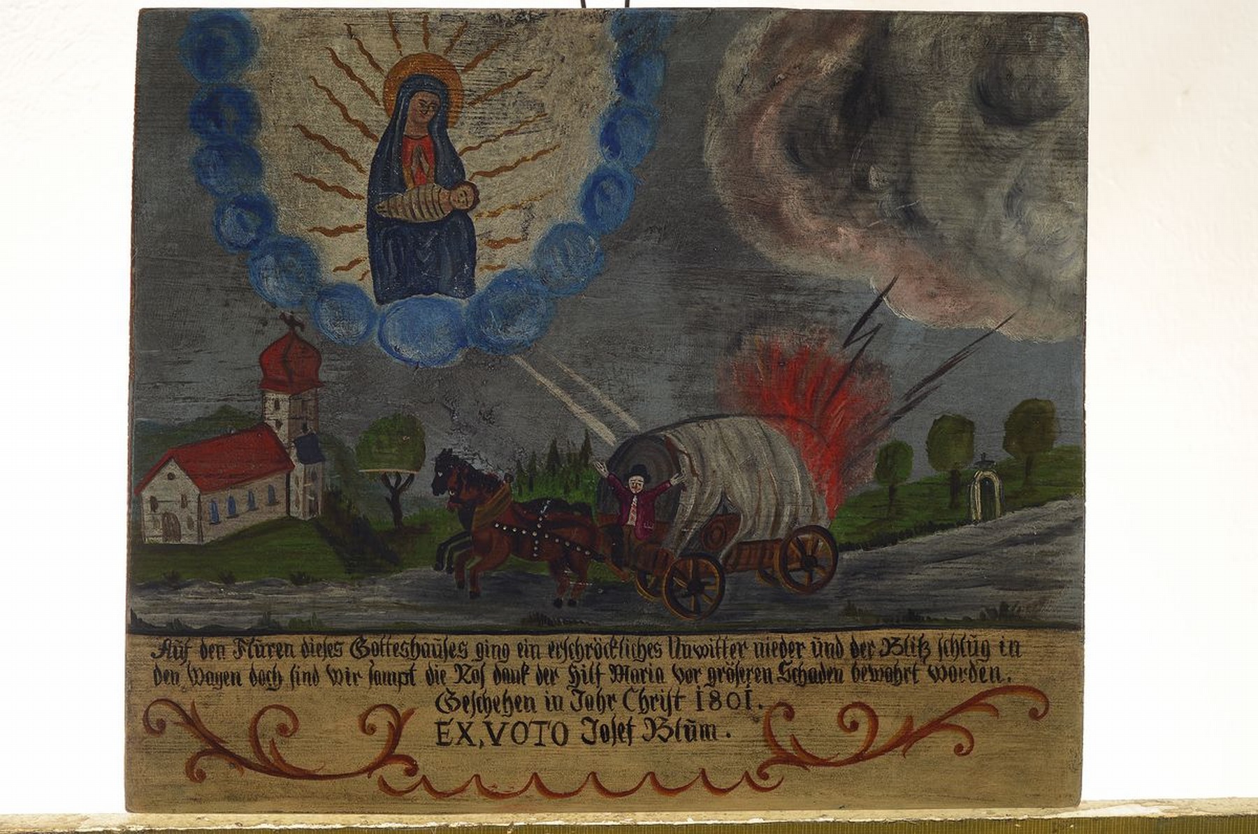 Detail k: Votivbild, süddeutsch, nach 1801, Darstellung Mariens als Nothelferin bei Blitzeinschlag in ein Fuhrwerk, mit Beschreibung, Datierung 1801 u. ...