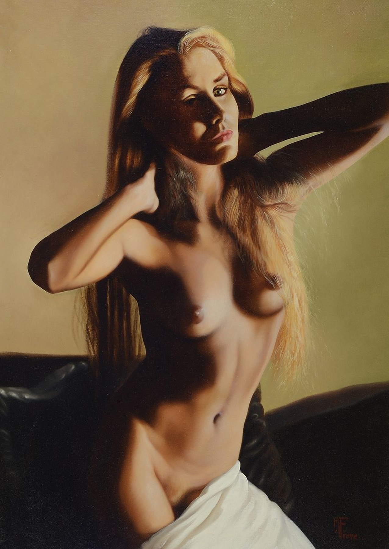Michele Fiore, geb. 1959 Striano, lebt und arbeitet in Turin, Weiblicher Akt, Öl/Lwd, signiert, ca. 70x50cm, R. ca. 80x60cm