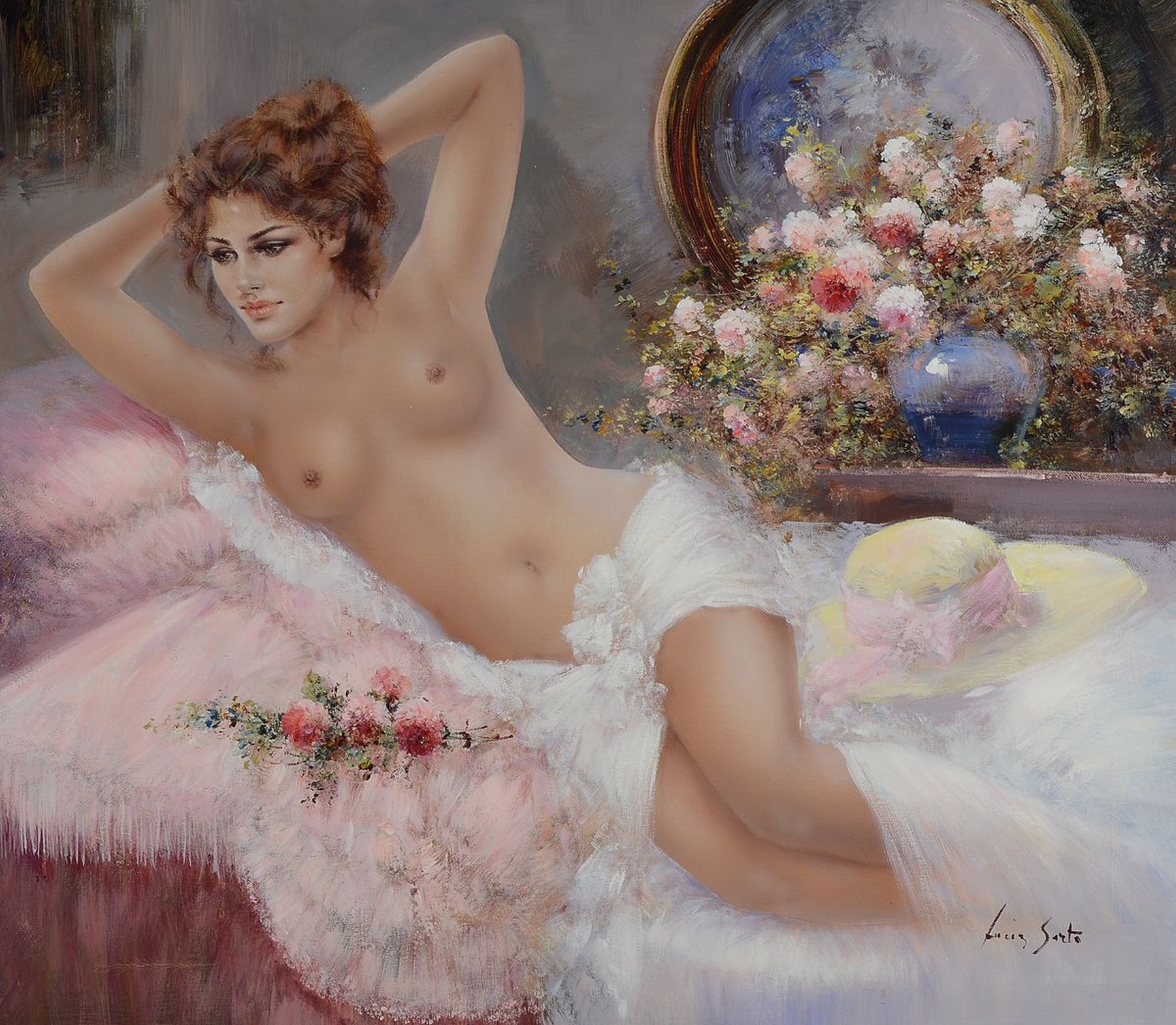 Lucia Sarto, geb. 1950 Porporetto bei Udine, liegender Akt, Öl/Lwd, rechts unten signiert, ca. 70x80cm, R. ca. 83x93cm