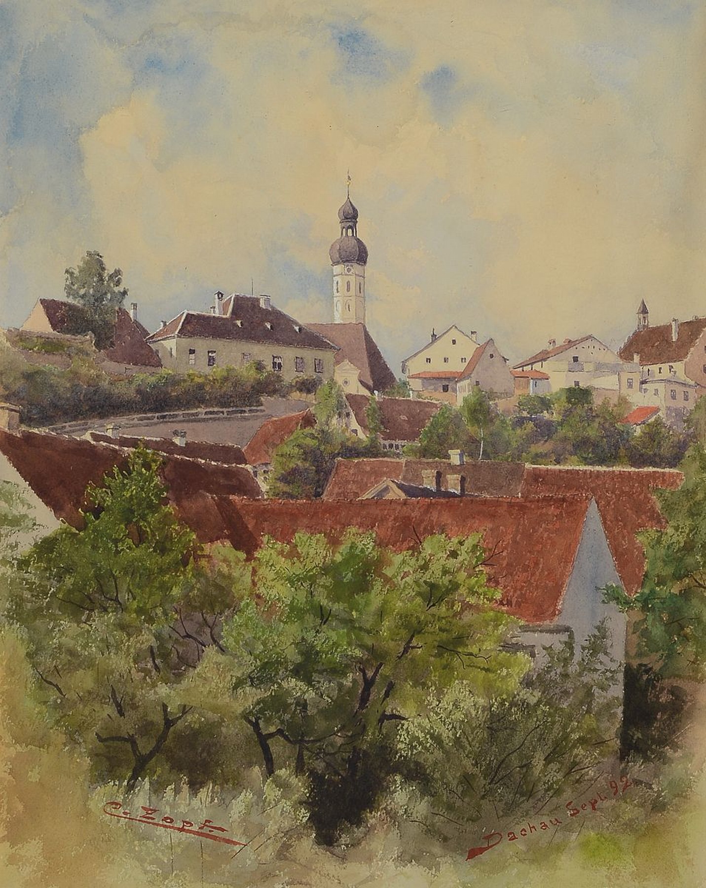 Carl Zopf, geb. 1958 Neuruppin, Studium in Berlin und an der Akademie München, hier: Blick auf die Altstadt von Dachau, Gouache auf Papier, ...