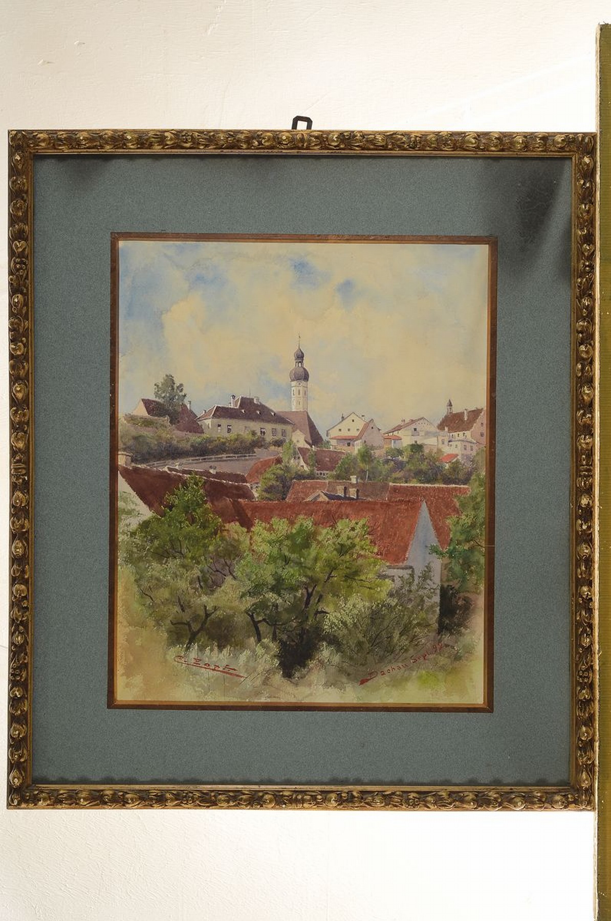 Detail k: Carl Zopf, geb. 1958 Neuruppin, Studium in Berlin und an der Akademie München, hier: Blick auf die Altstadt von Dachau, Gouache auf Papier, ...