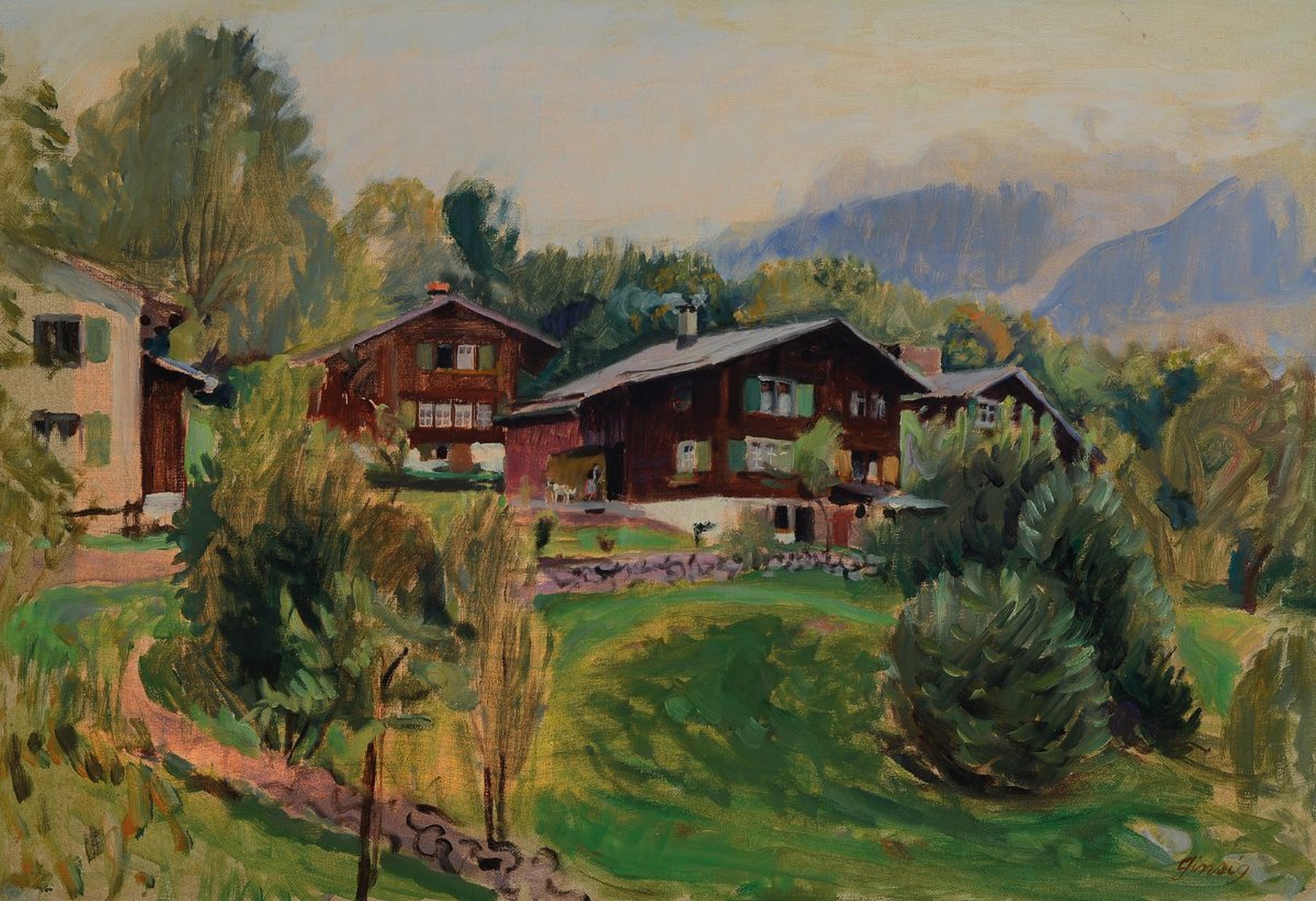 Markus Ginsig, 1909 Zürich-1997 Schwanden, Bauernhöfe im Schweizer Voralpenland, Öl/Lwd, rechts unten signiert, ca. 50x73cm