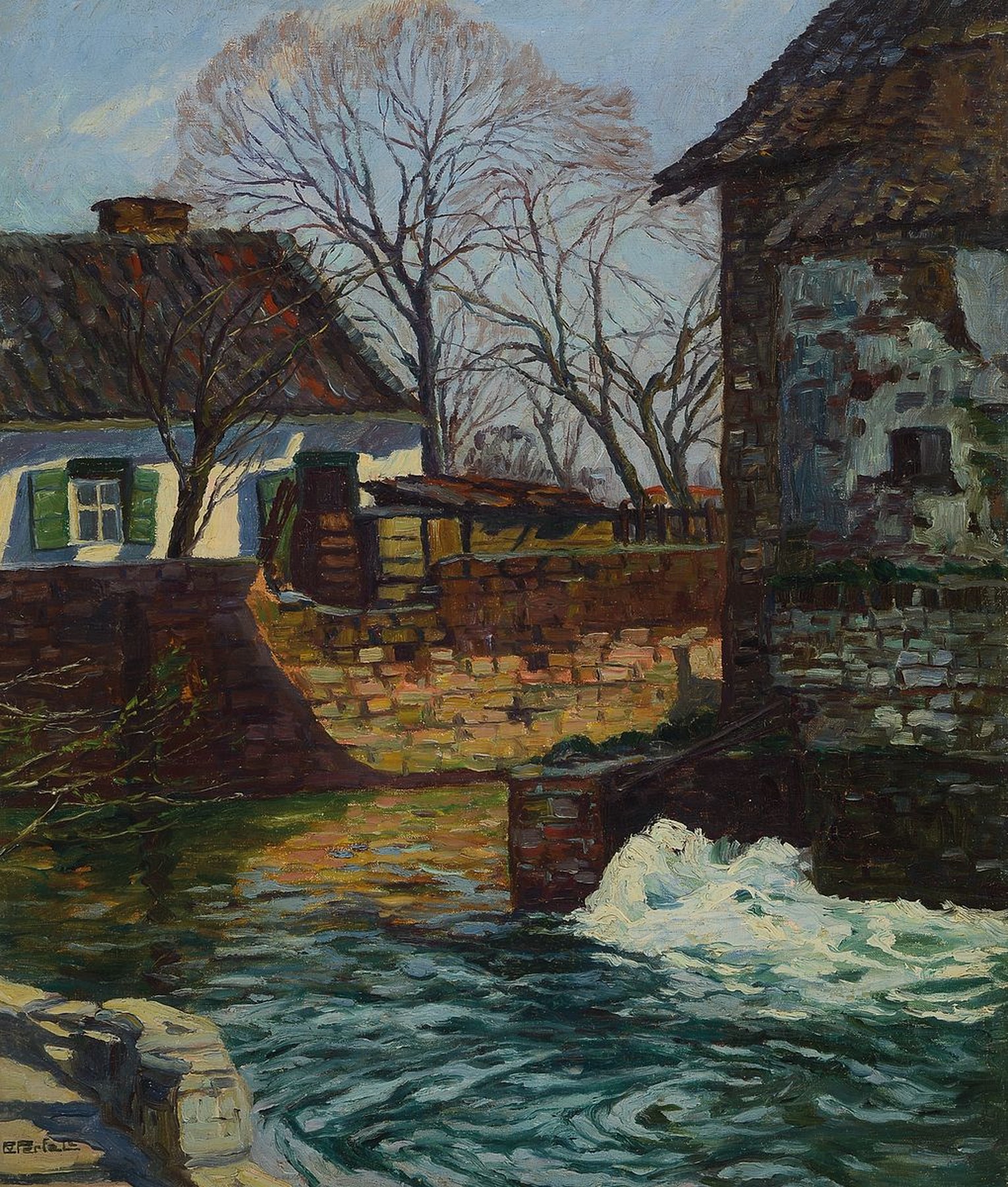 Erich Freiherr von Perfall, 1882-1961 Düsseldorf, Studium an den Akademien Düsseldorf und Karlsruhe, hier: Wehrturm am Stadtgraben, Öl/Lwd, links ...