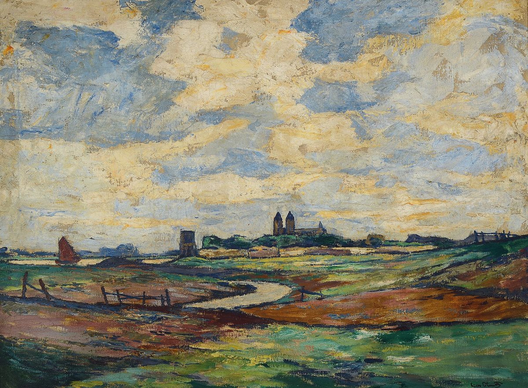 Wilhelm Schmetz, 1890 Düsseldorf-1938 Aachen, Studium an der Akademie Düsseldorf, hier: Blick auf Kaiserswerth, Öl/Lwd, rechts unten signiert, ca. ...